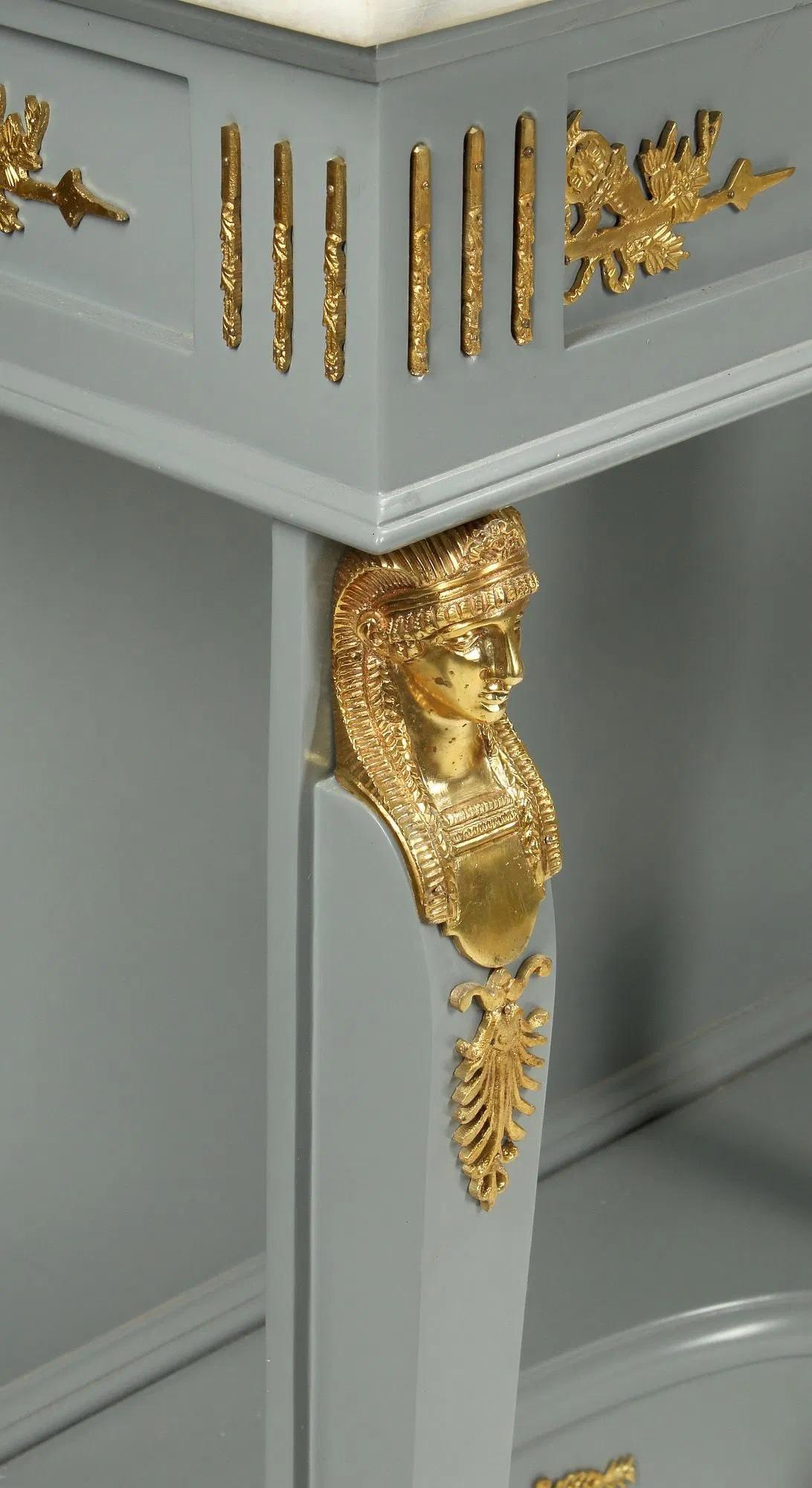 Neoclassical Empire Marble Top Ormolu Mounted Gray and Gilt Console Tables, Pair For Sale 1