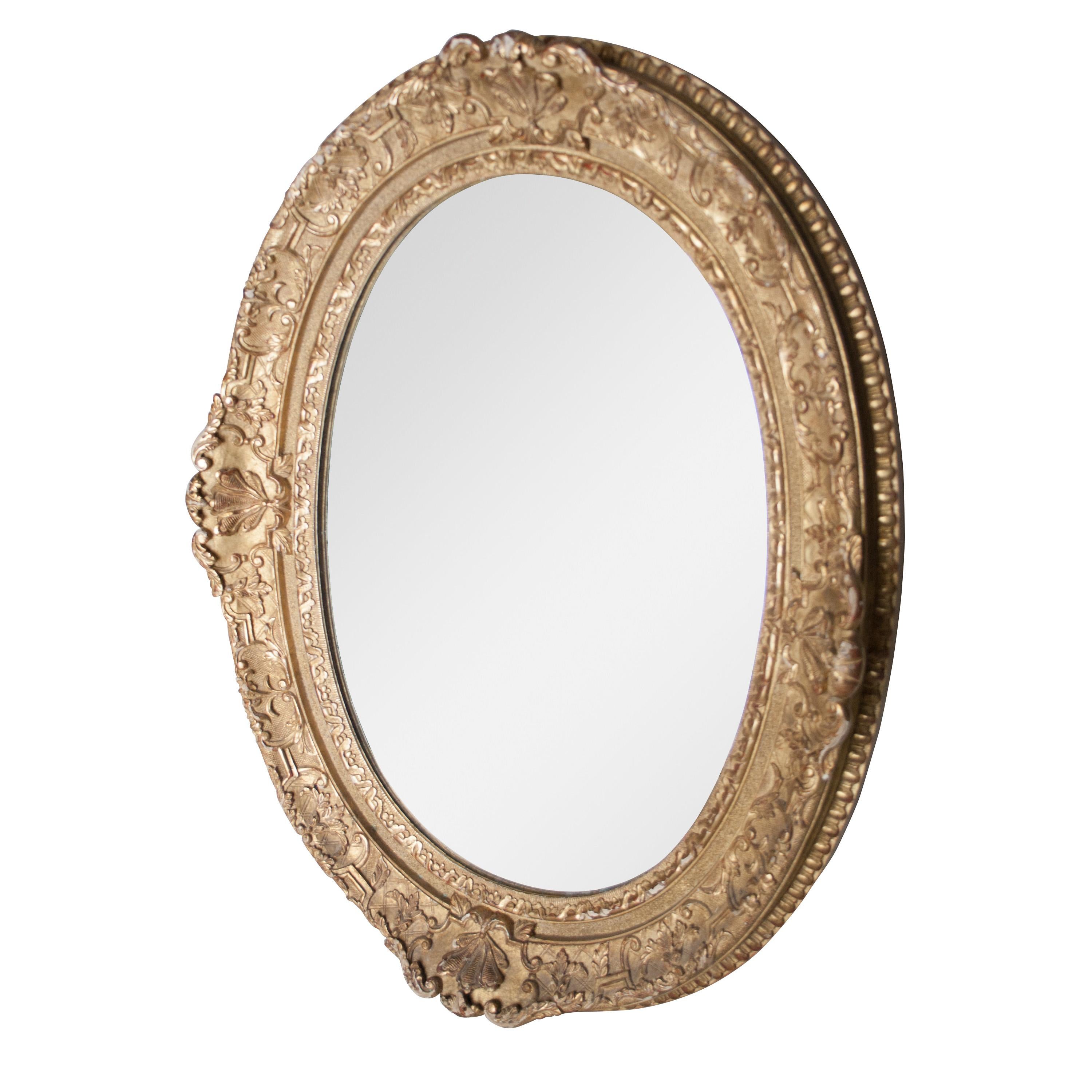 Hand-Carved Neoclassical Empire Oval Gold Hand Carved Wooden Mirror, Spain, 1970 For Sale