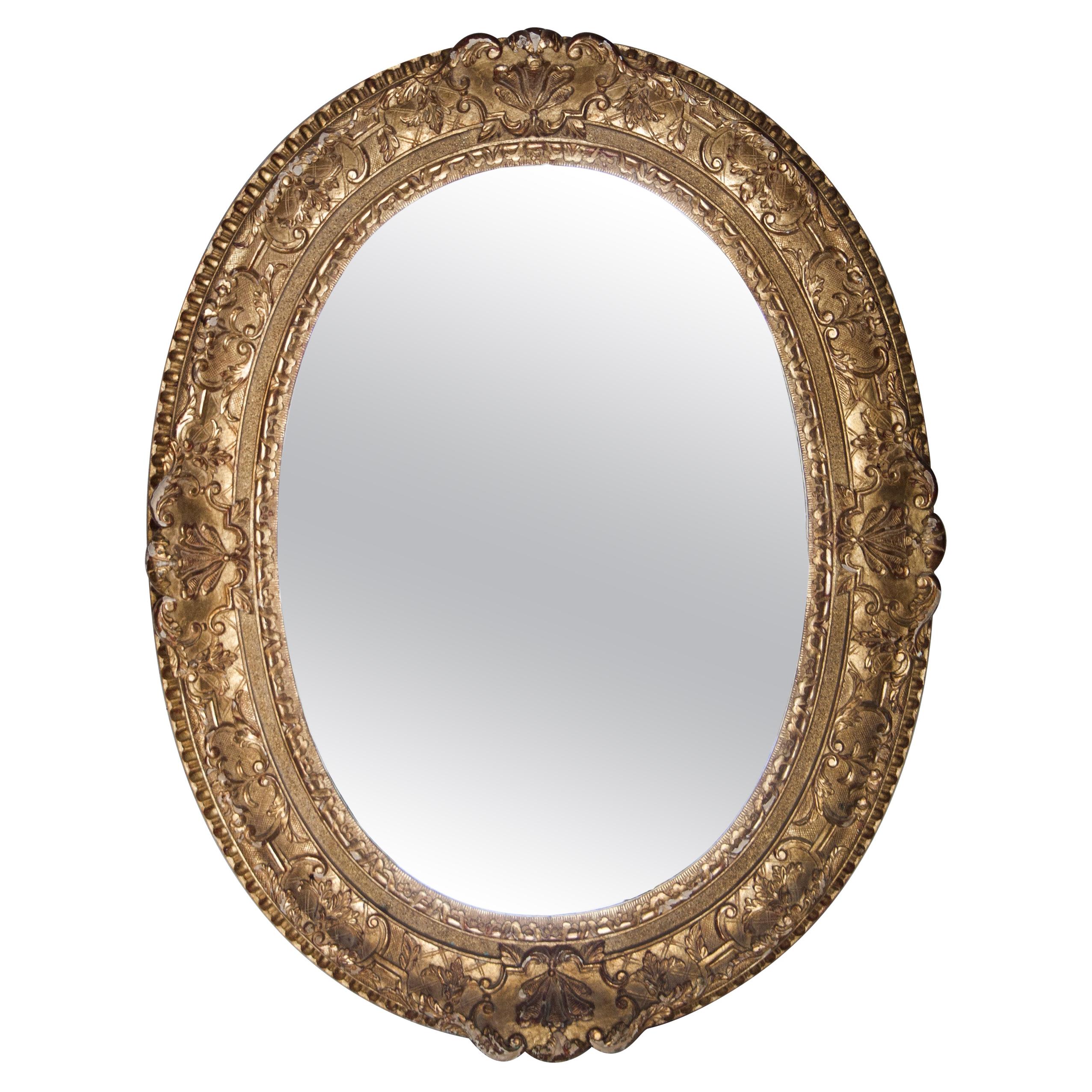 Neoclassical Empire Oval Gold Hand Carved Wooden Mirror, Spain, 1970