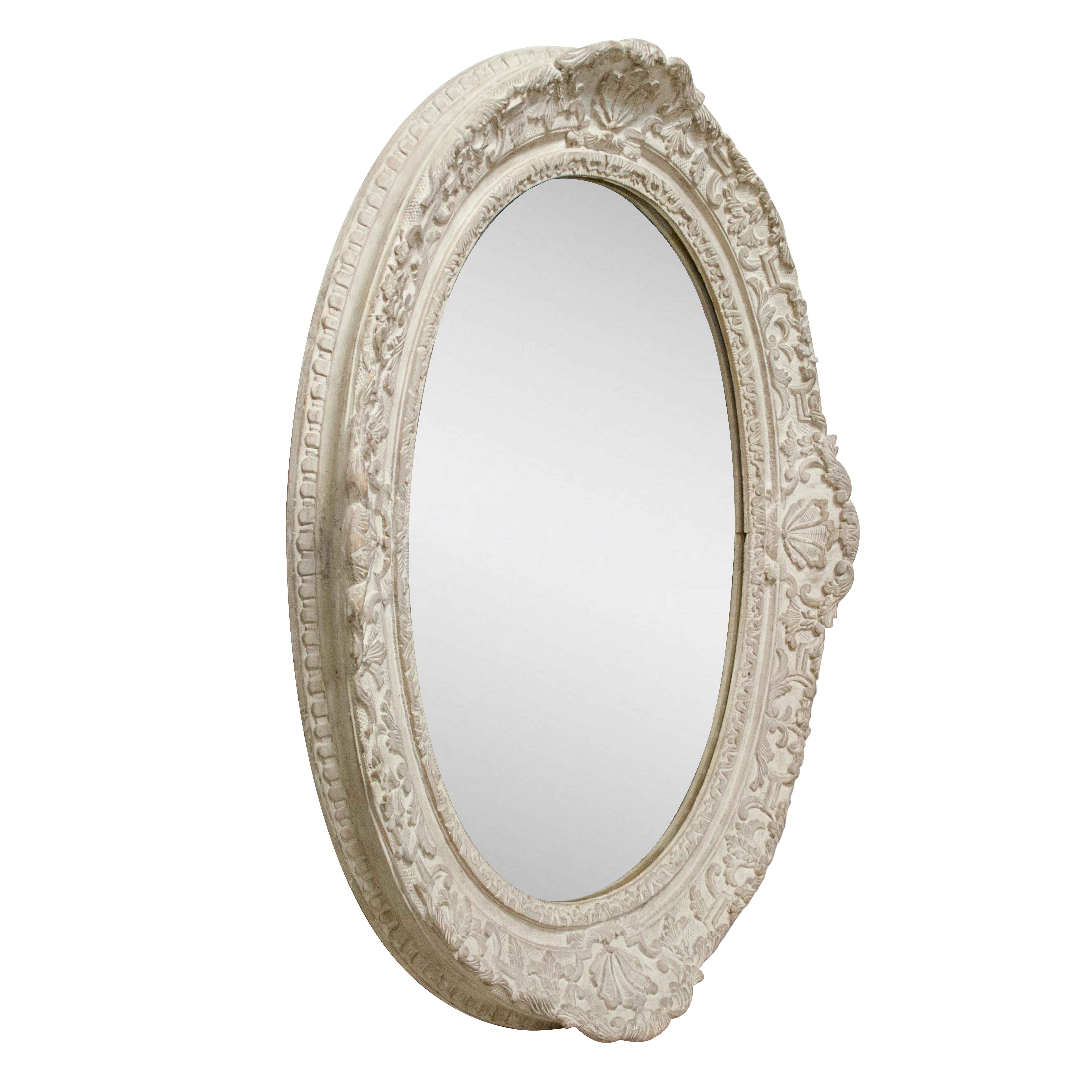 Handgefertigter Spiegel im neoklassischen Empire-Stil. Ovale, handgeschnitzte Holzstruktur mit Silberfolienbeschichtung.
 