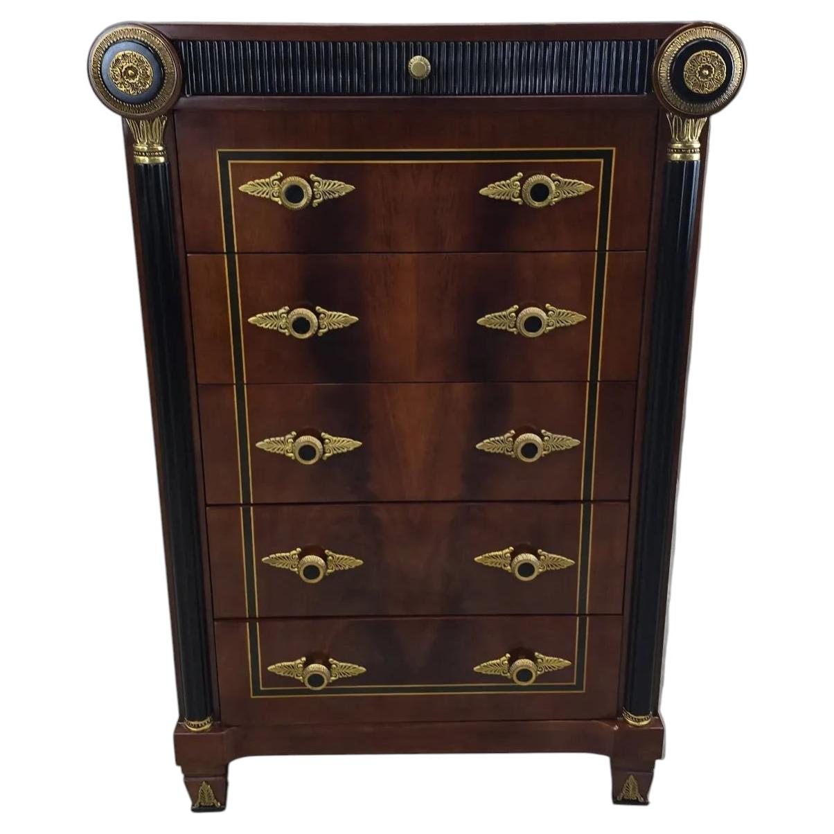 Neoclassical Empire Revival Mahogany Five Drawer Chest For Sale