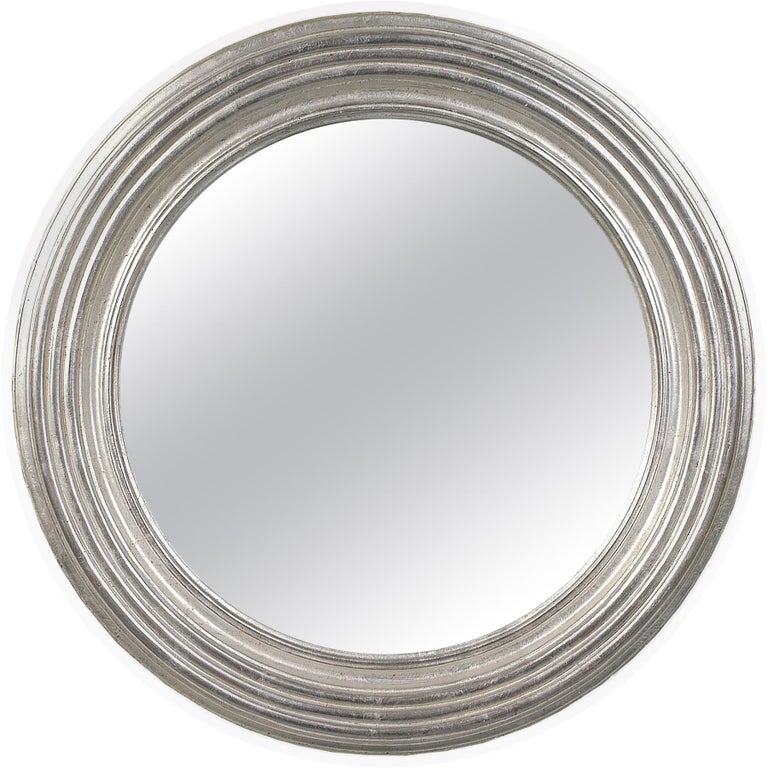 Neoclassical Empire Round Silver Hand Carved Wooden Mirror
