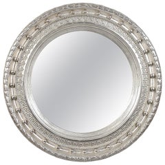 Neoclassical Empire Round Silver Hand Carved Wooden Mirror