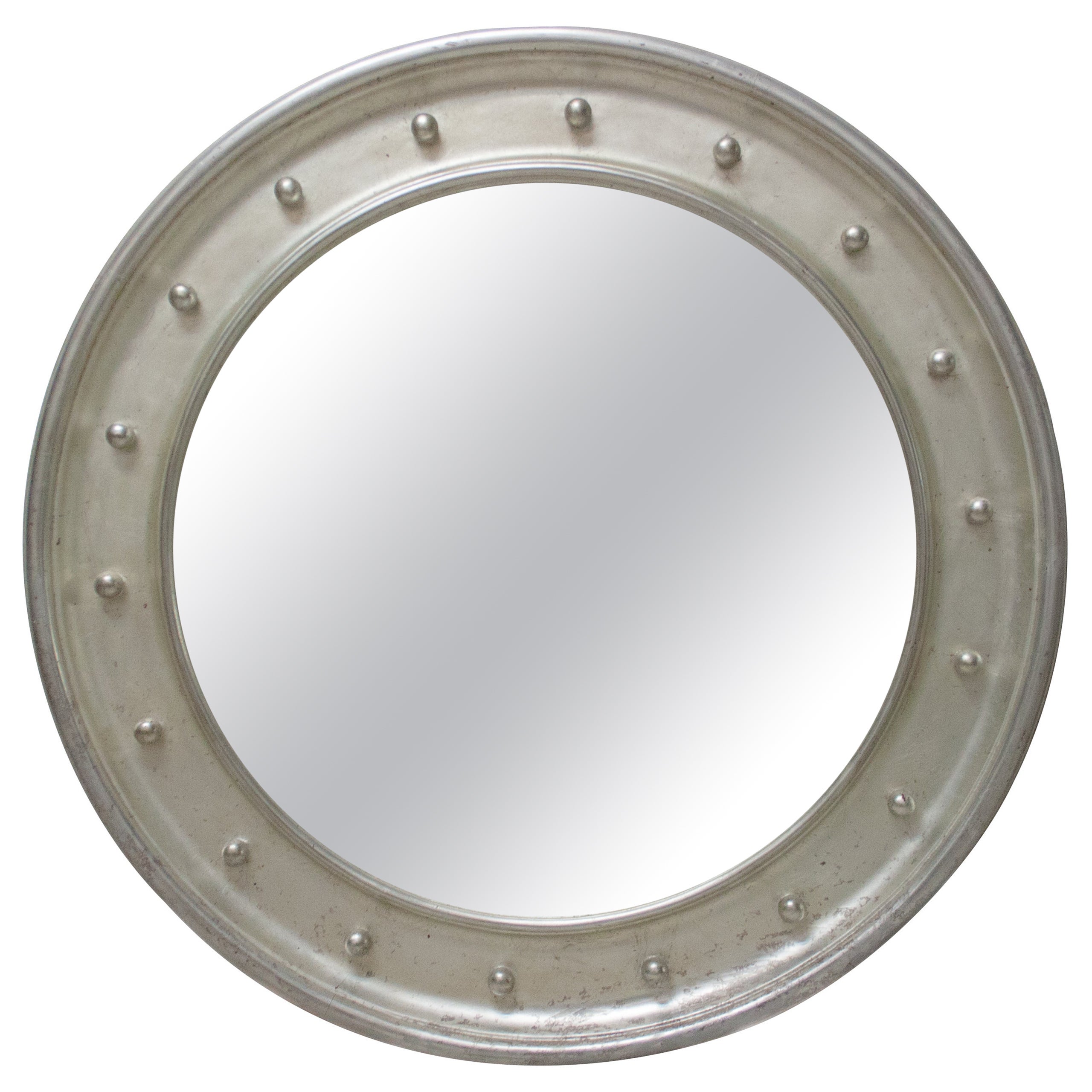 Miroir rond Empire néoclassique en bois sculpté à la main en argent