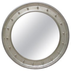 Neoclassical Empire Round Silver Hand Carved Wooden Mirror