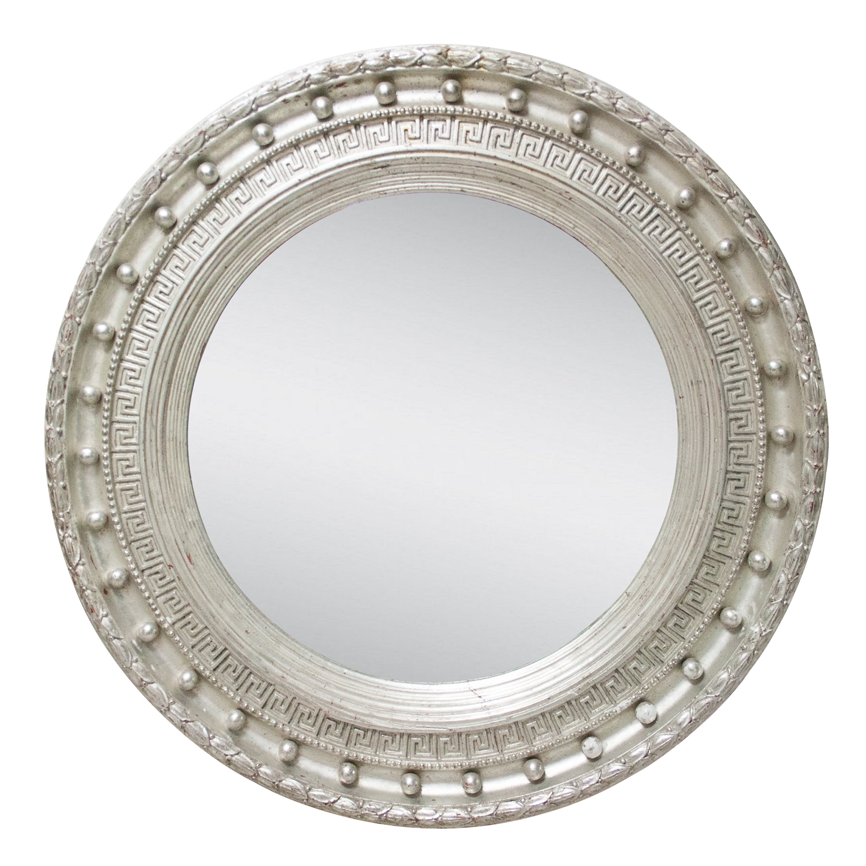 Miroir rond Empire néoclassique en bois sculpté à la main en argent