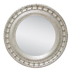Retro Neoclassical Empire Round Silver Hand Carved Wooden Mirror