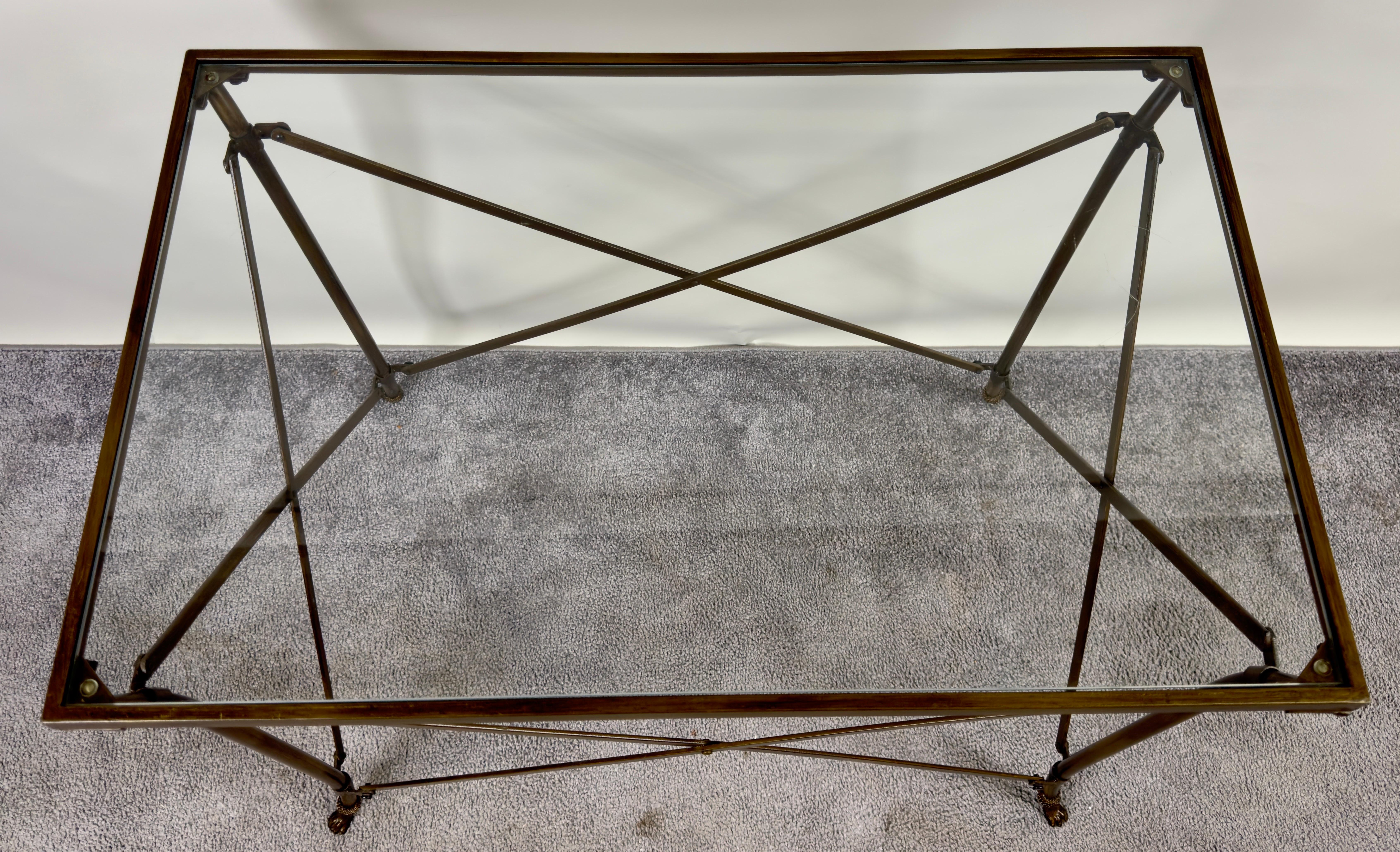 20th Century Neoclassical Empire Style Rectangular Bronze Side Serving Table with Glass Top For Sale