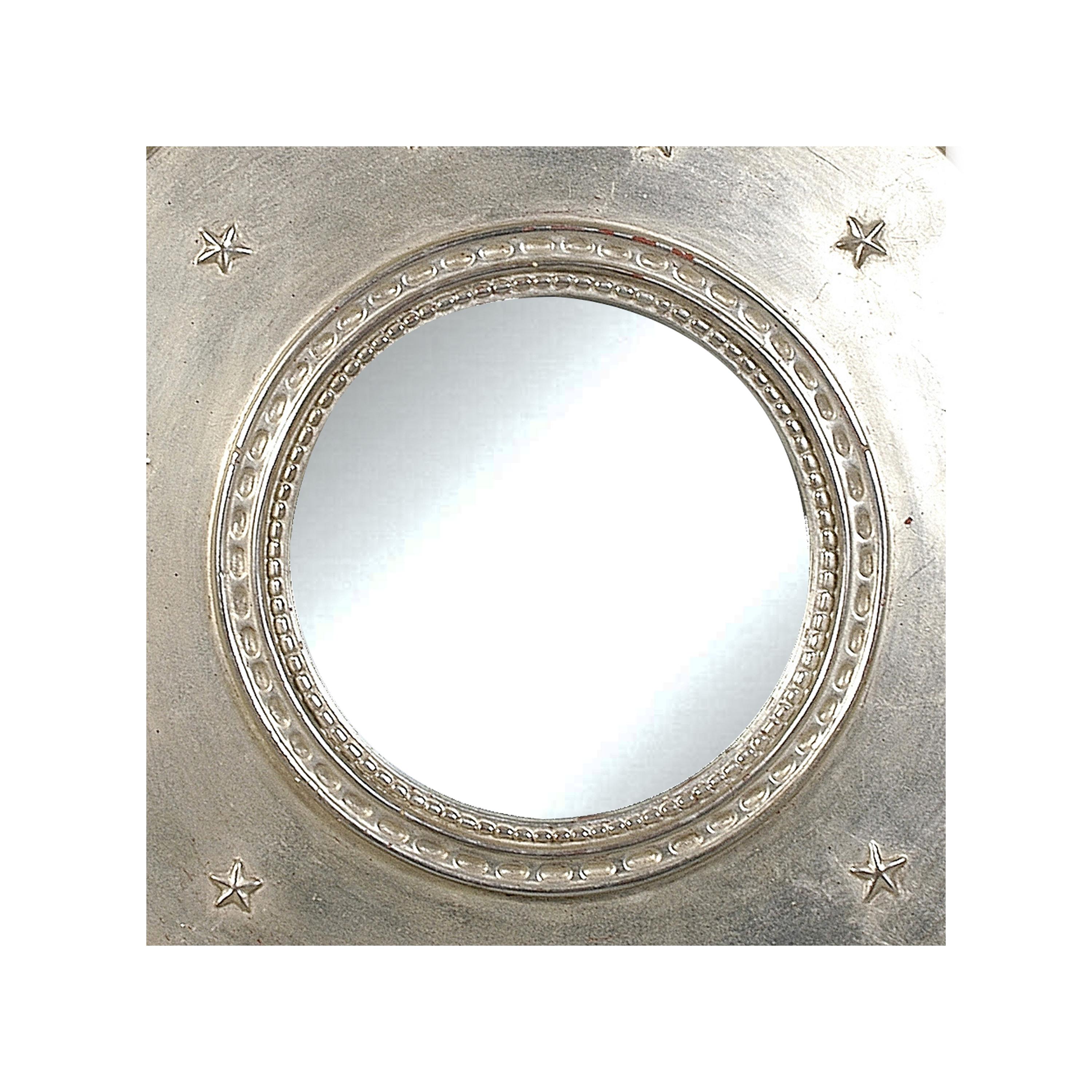 Neoclassical Empire style handcrafted mirror. Hand carved wooden structure with silver foil finish. Rounded shape with star details.