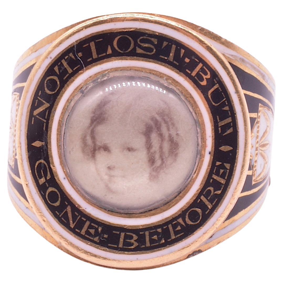 Georgian Neoclassical Enamel Memorial Ring with Painted Portrait of a Young Girl