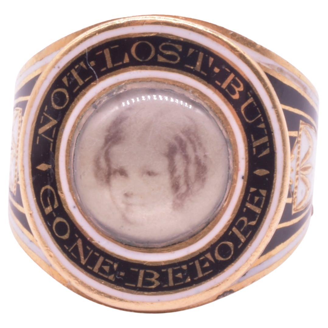 Women's or Men's Neoclassical Enamel Memorial Ring with Painted Portrait of a Young Girl