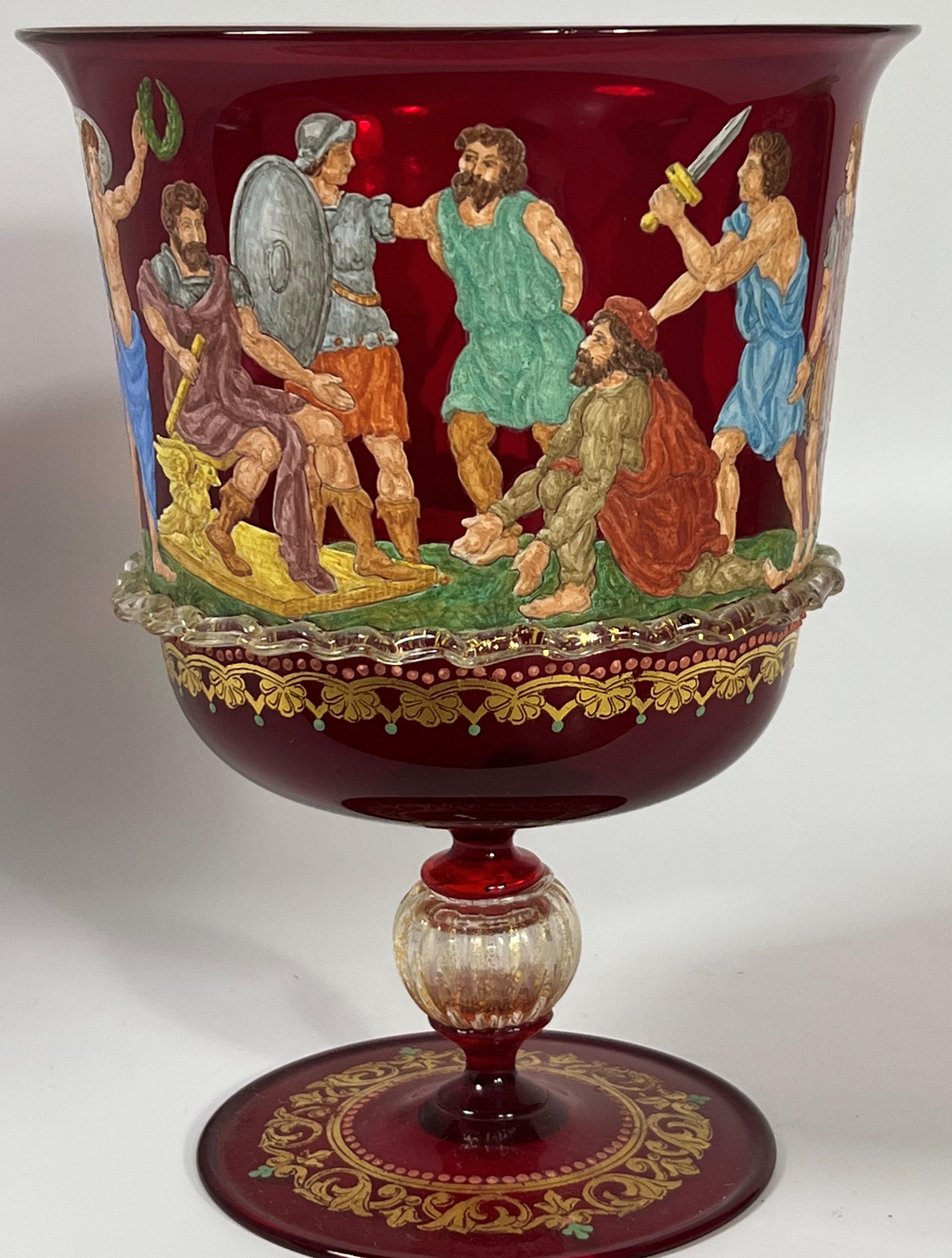 Neoclassical Revival Neoclassical enameled Murano Chalice aventurine ruby mythology warriors gilt For Sale
