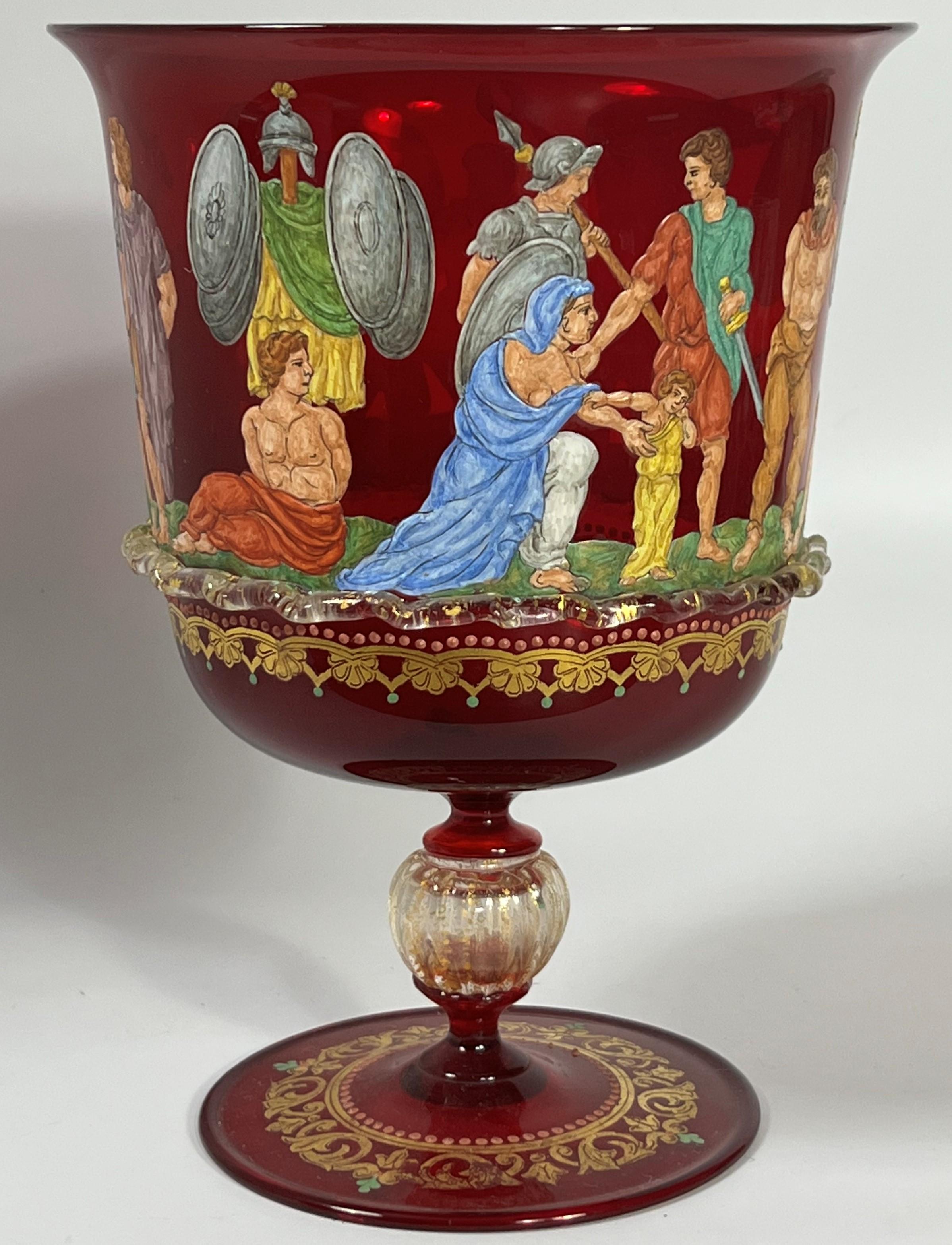 Neoclassical enameled Murano Chalice aventurine ruby mythology warriors gilt In Good Condition For Sale In Mobile, AL