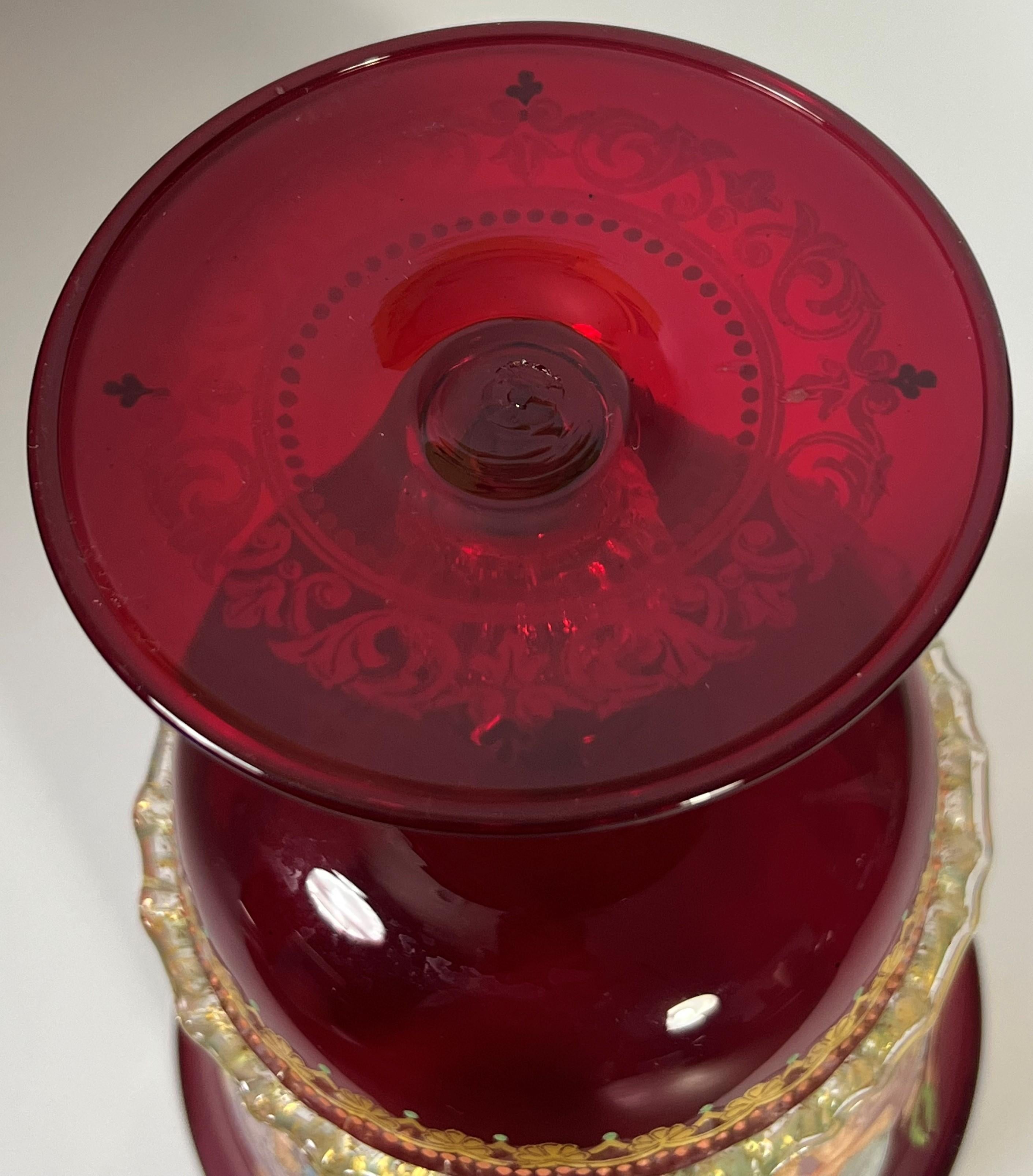 Mid-20th Century Neoclassical enameled Murano Chalice aventurine ruby mythology warriors gilt For Sale