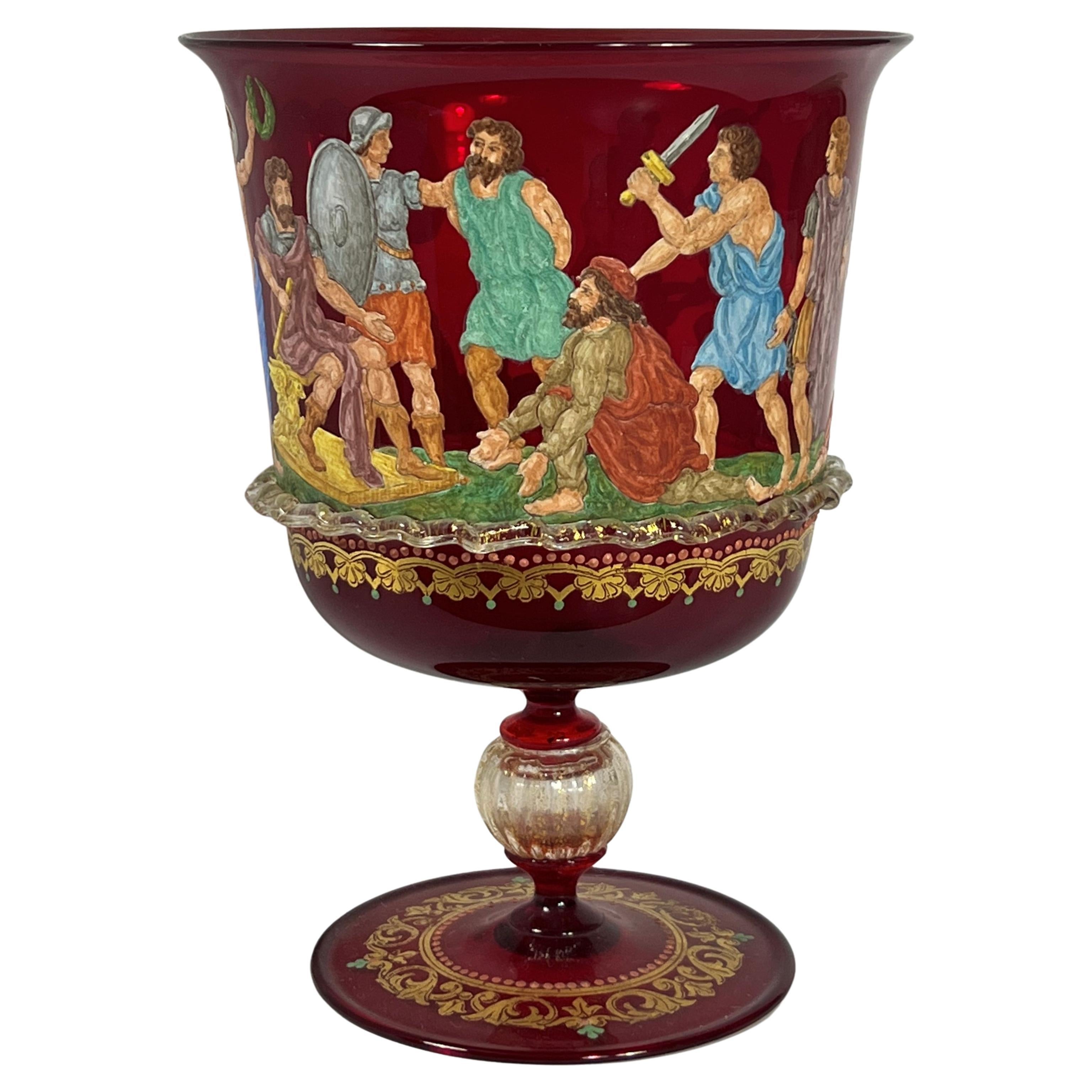Neoclassical enameled Murano Chalice aventurine ruby mythology warriors gilt For Sale
