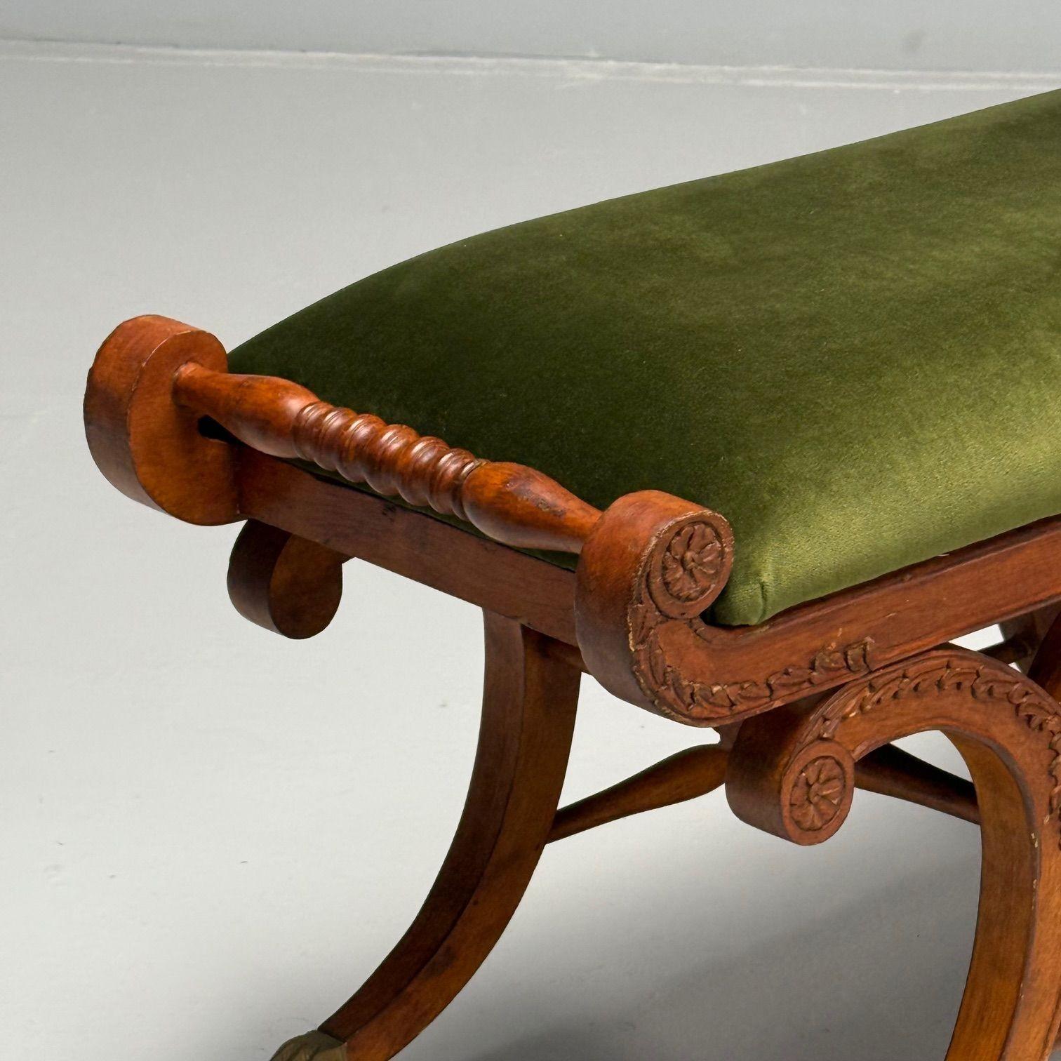 Neoclassical, English Regency Rolling Benches, Carved Wood, Bronze, Green Velvet 6