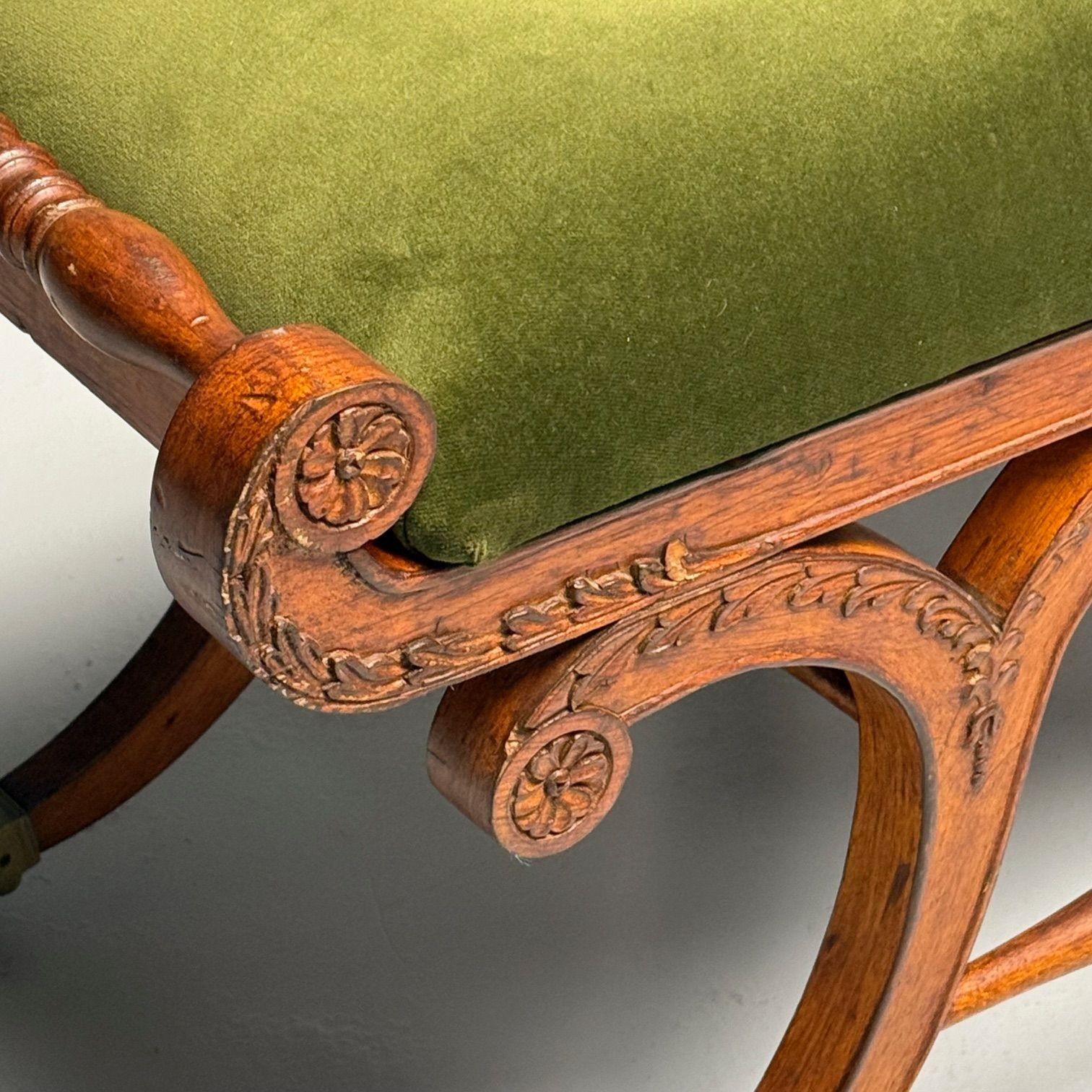 Neoclassical, English Regency Rolling Benches, Carved Wood, Bronze, Green Velvet 7