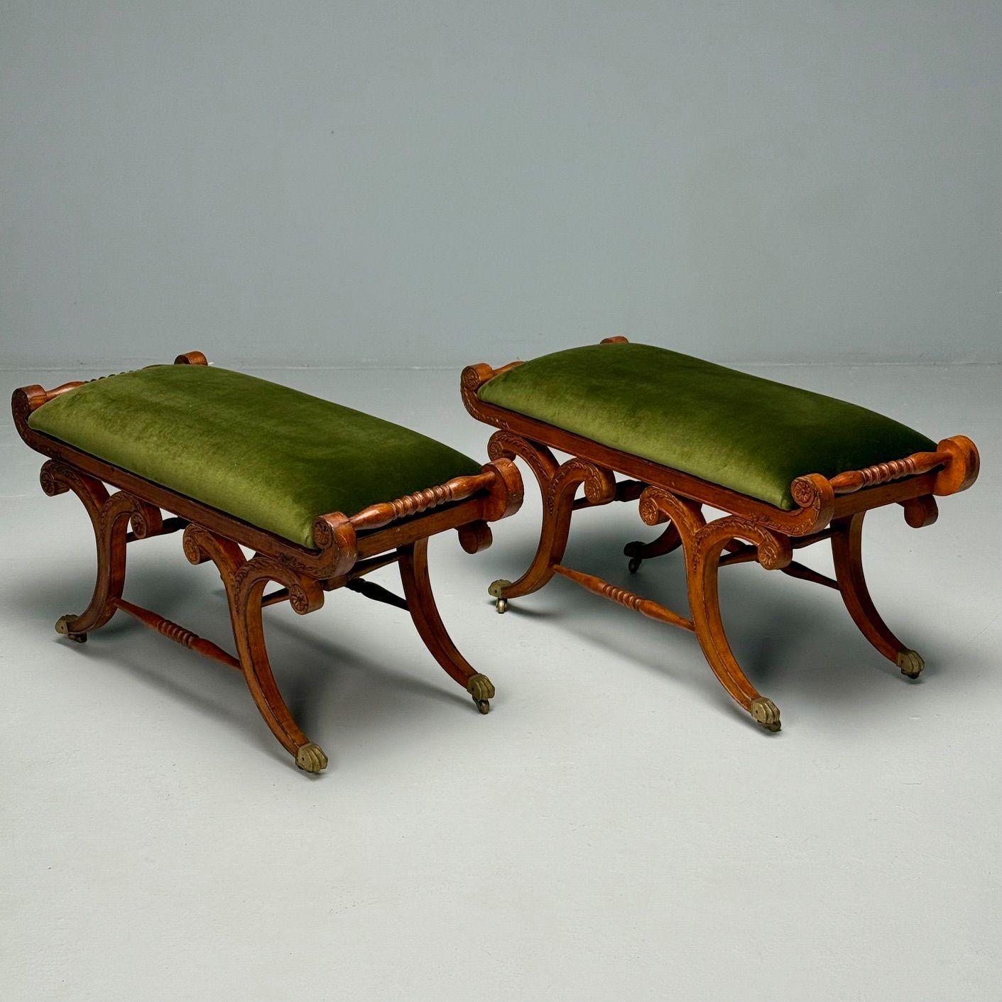 Neoclassical, English Regency, Rolling Benches, Carved Wood, Bronze, Green Velvet

This pair of Neoclassical style English Regency rolling benches, crafted in hand carved wood and featuring bronze casters with later green velvet upholstery,