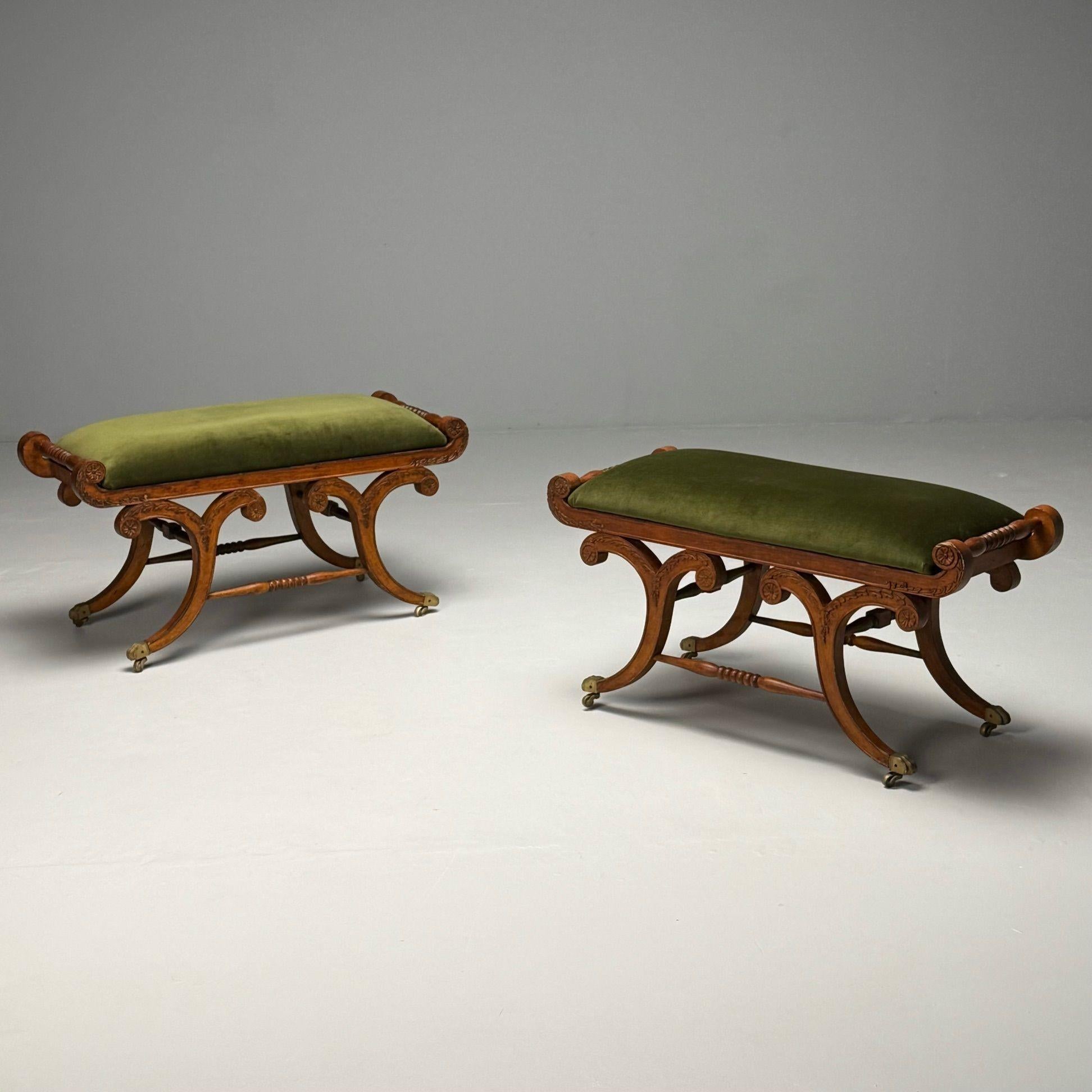 Neoclassical, English Regency Rolling Benches, Carved Wood, Bronze, Green Velvet In Good Condition In Manhasset, NY