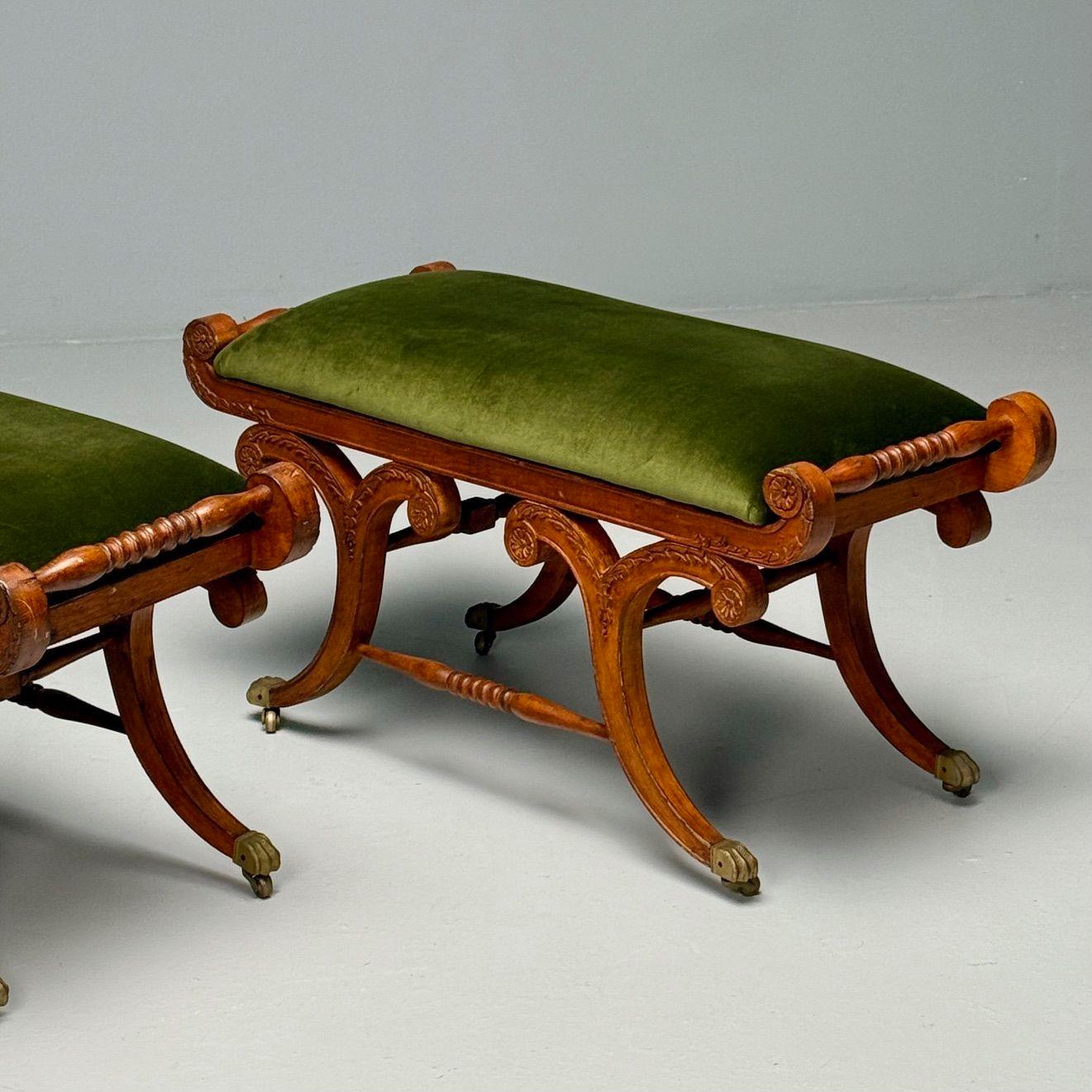 Late 20th Century Neoclassical, English Regency Rolling Benches, Carved Wood, Bronze, Green Velvet