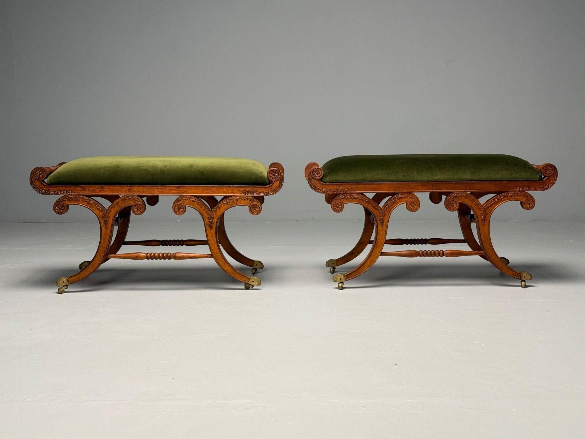 Neoclassical, English Regency Rolling Benches, Carved Wood, Bronze, Green Velvet 1