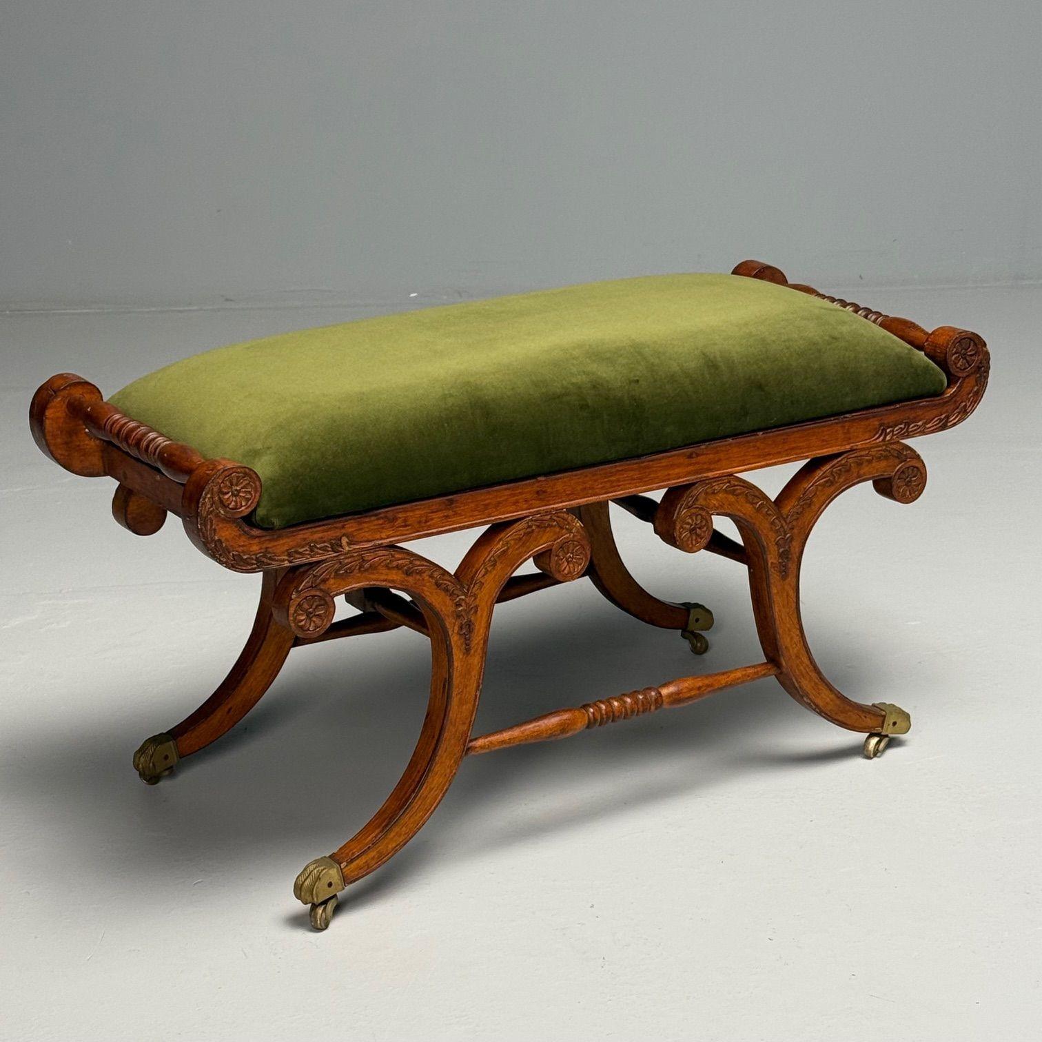 Neoclassical, English Regency Rolling Benches, Carved Wood, Bronze, Green Velvet 2
