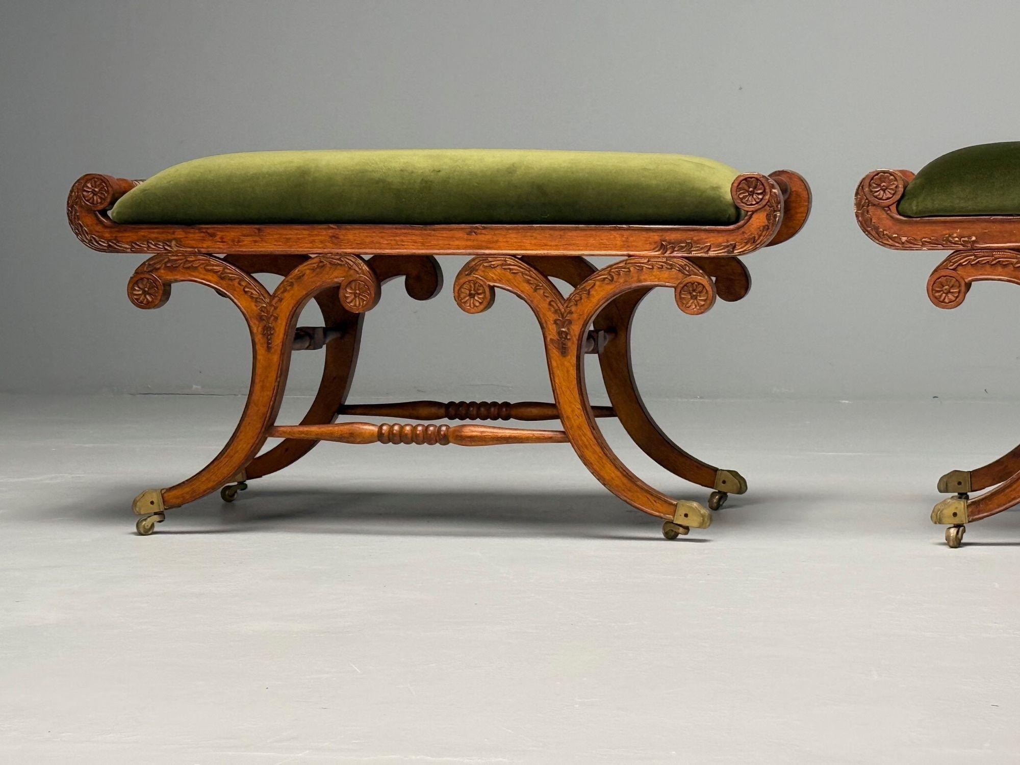 Neoclassical, English Regency Rolling Benches, Carved Wood, Bronze, Green Velvet 3