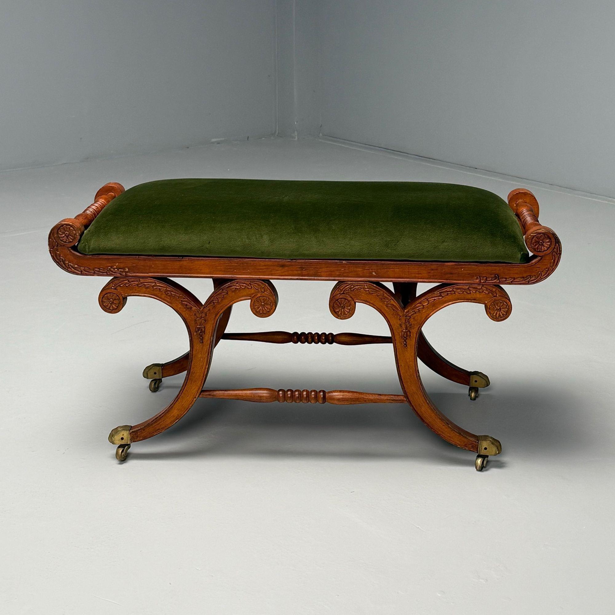 Neoclassical, English Regency Rolling Benches, Carved Wood, Bronze, Green Velvet 4