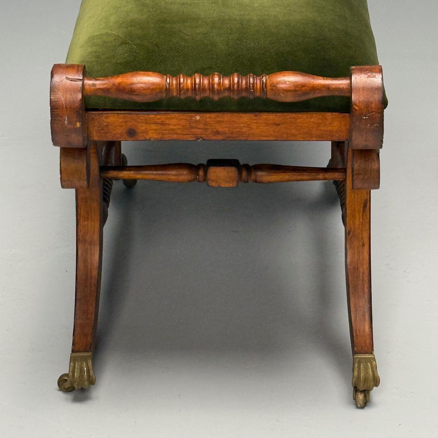 Neoclassical, English Regency Rolling Benches, Carved Wood, Bronze, Green Velvet 5