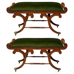 Neoclassical, English Regency Rolling Benches, Carved Wood, Bronze, Green Velvet