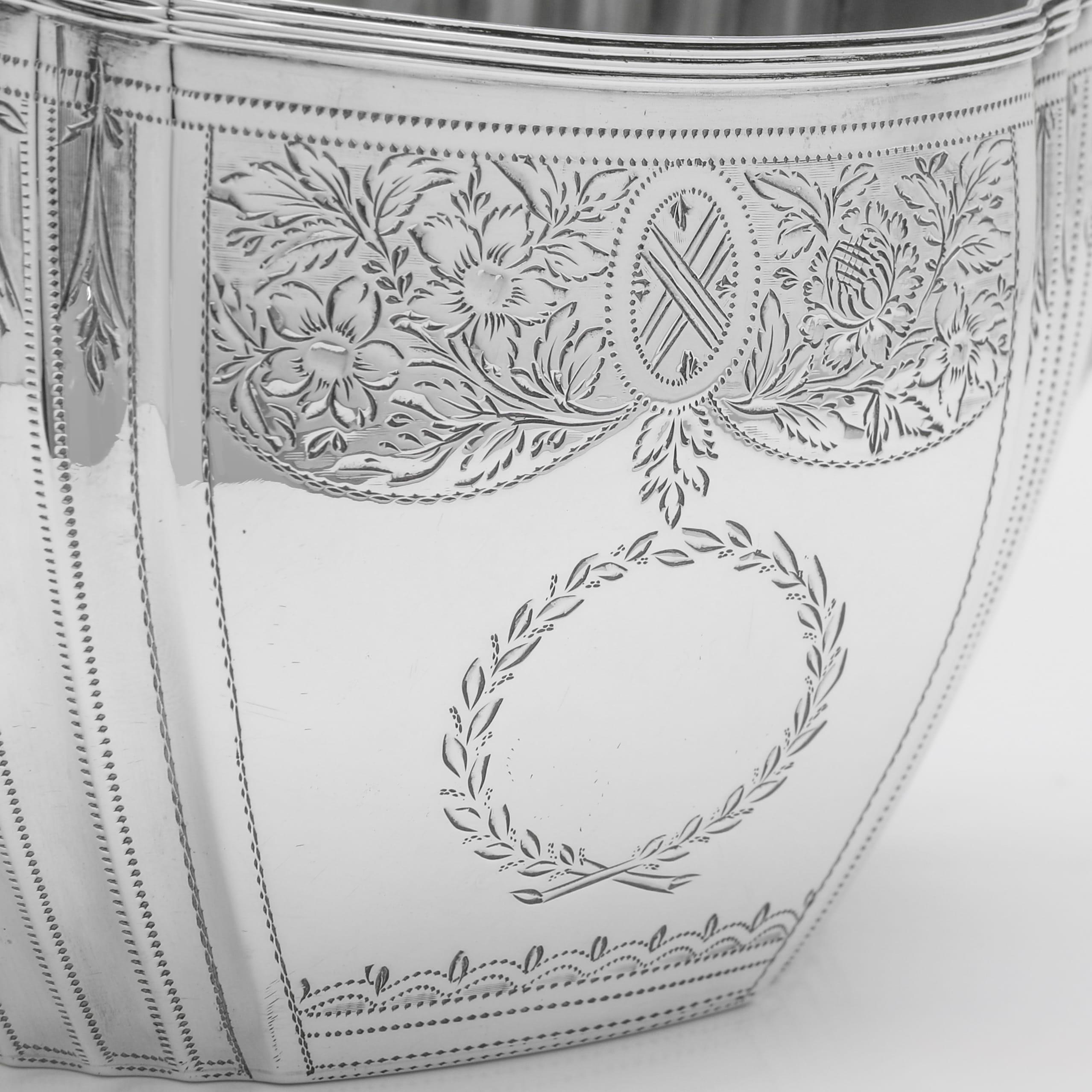 English Neoclassical engraved sterling silver sugar bowl made in London in 1803