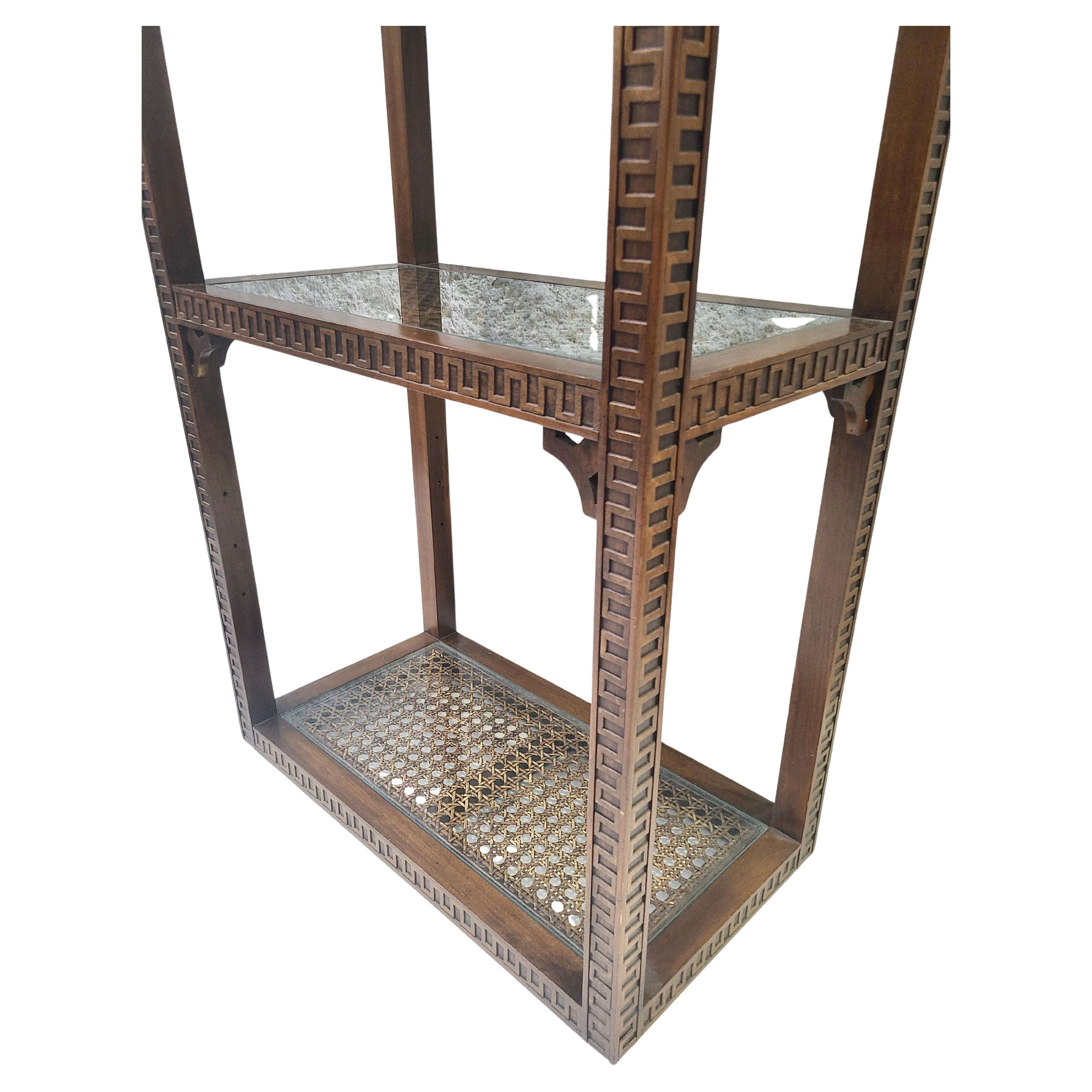 Neoclassical Etagere Greek Key Pattern Walnut and Cane For Sale 6
