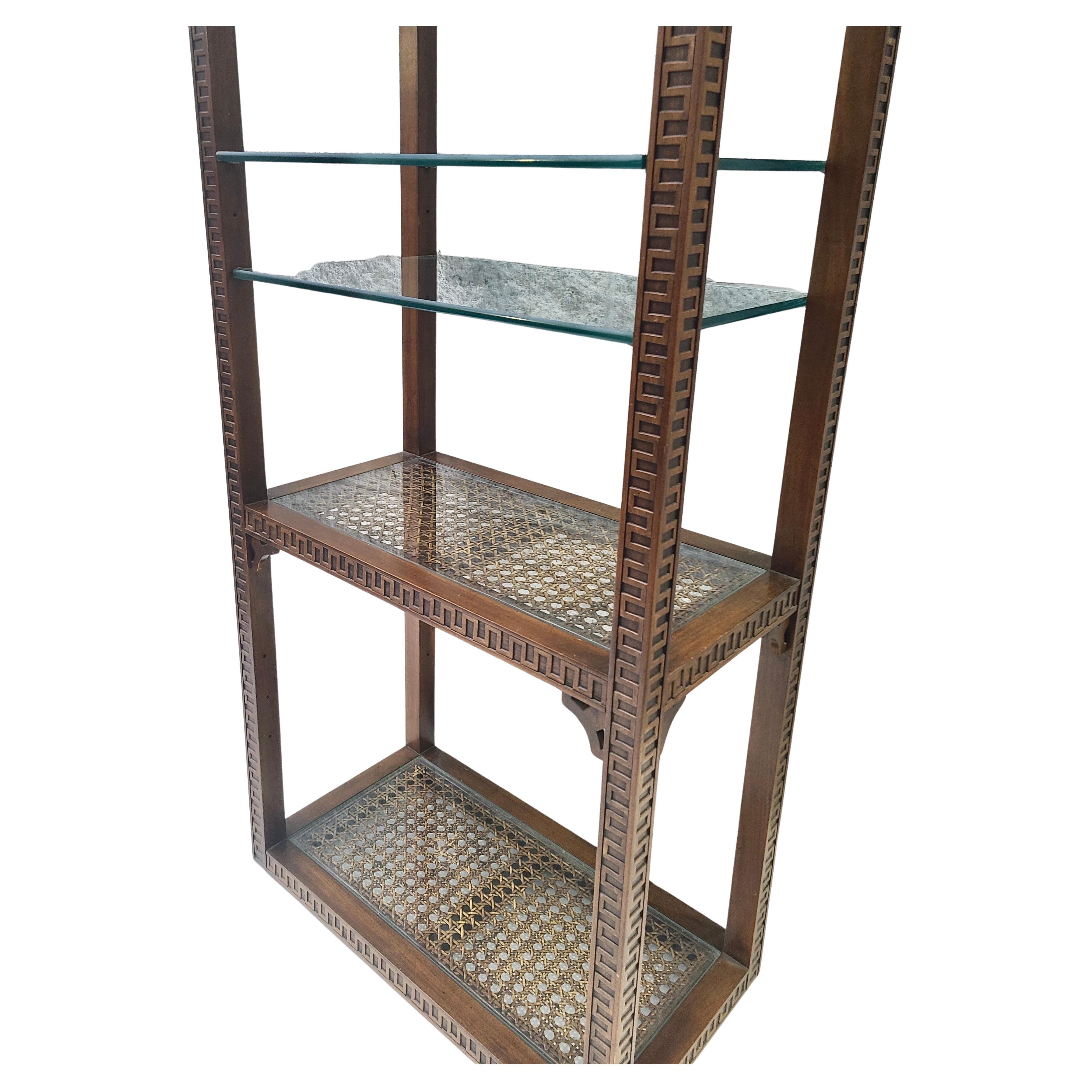 Neoclassical Etagere Greek Key Pattern Walnut and Cane For Sale 8