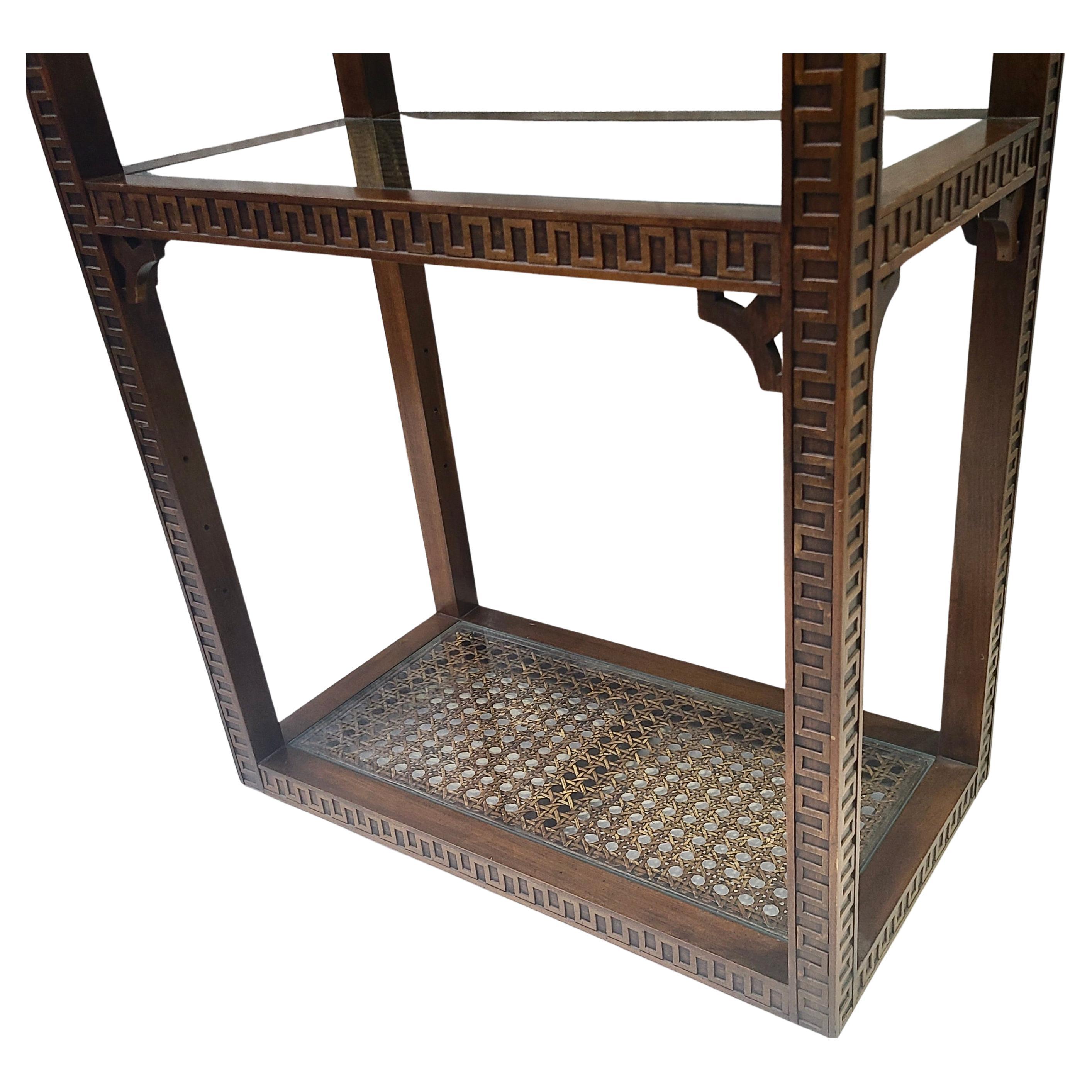 Neoclassical Etagere Greek Key Pattern Walnut and Cane For Sale 9