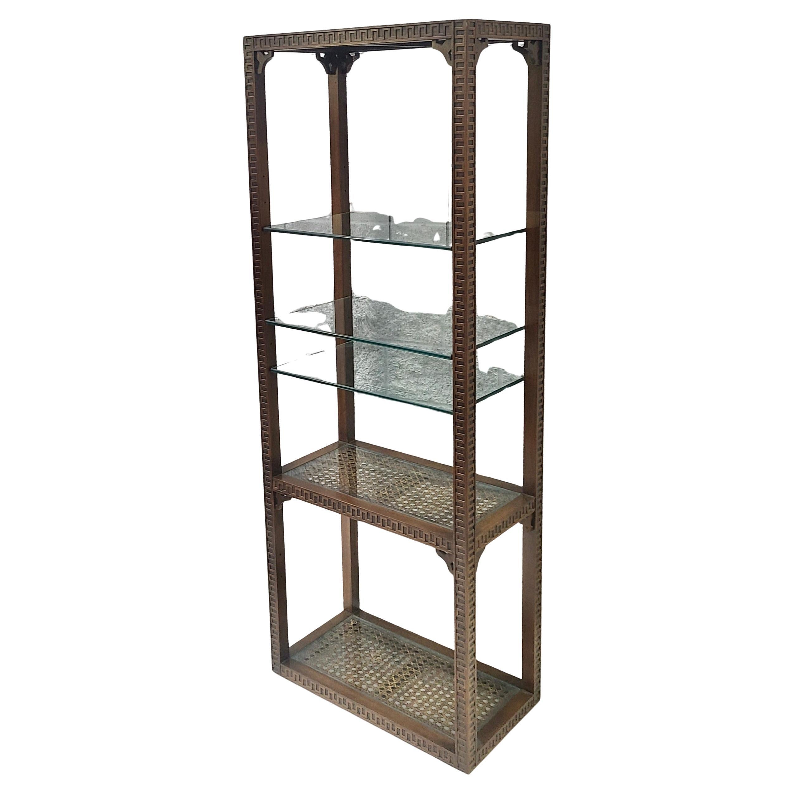 Please feel free to reach out for efficient shipping quote to your location.

Neoclassical Etagere with Greek Key pattern.
Cane and glass fixed shelves lower. Plate glass adjustable upper shelves.

Please feel free to check out other items for