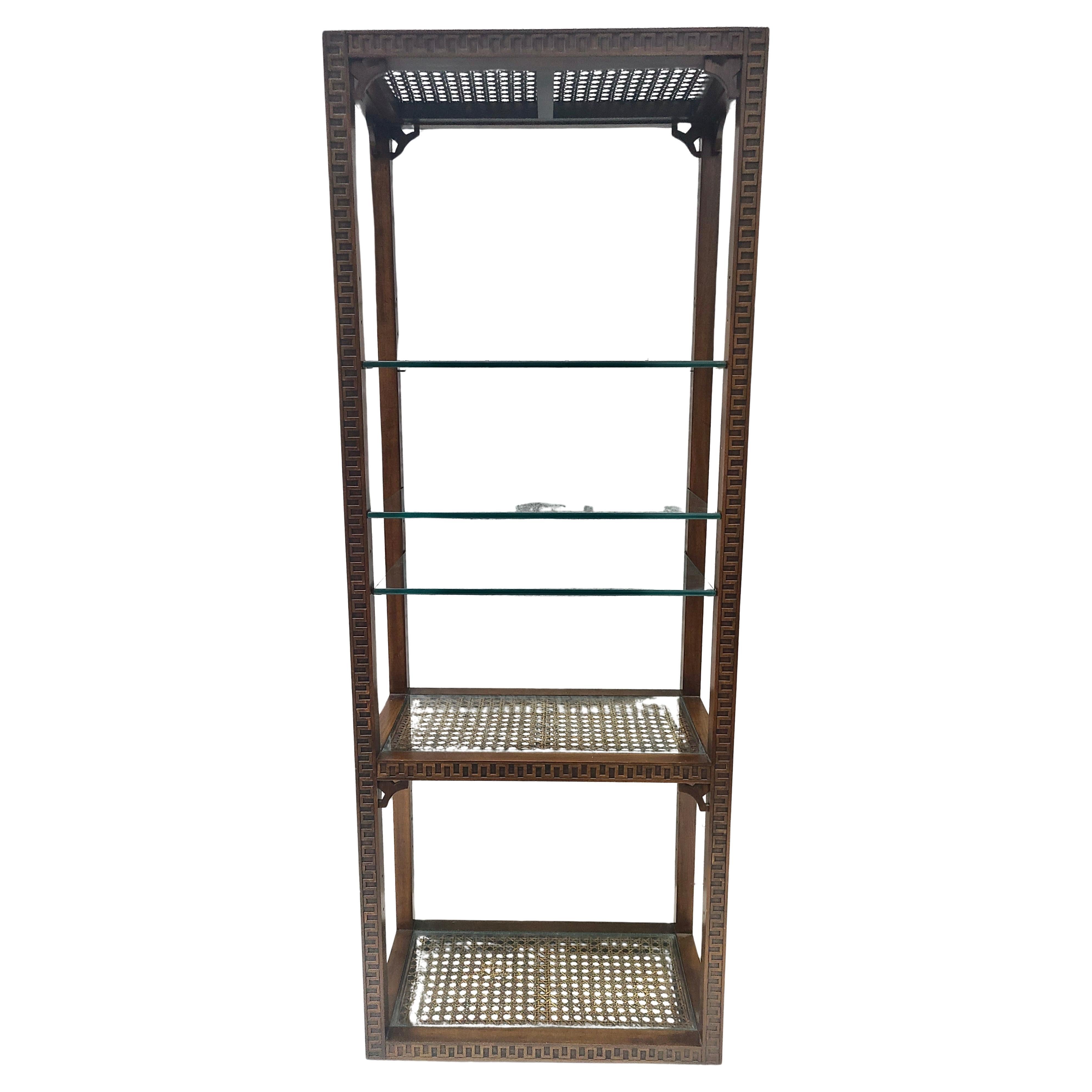 Neoclassical Etagere Greek Key Pattern Walnut and Cane In Good Condition For Sale In Fraser, MI