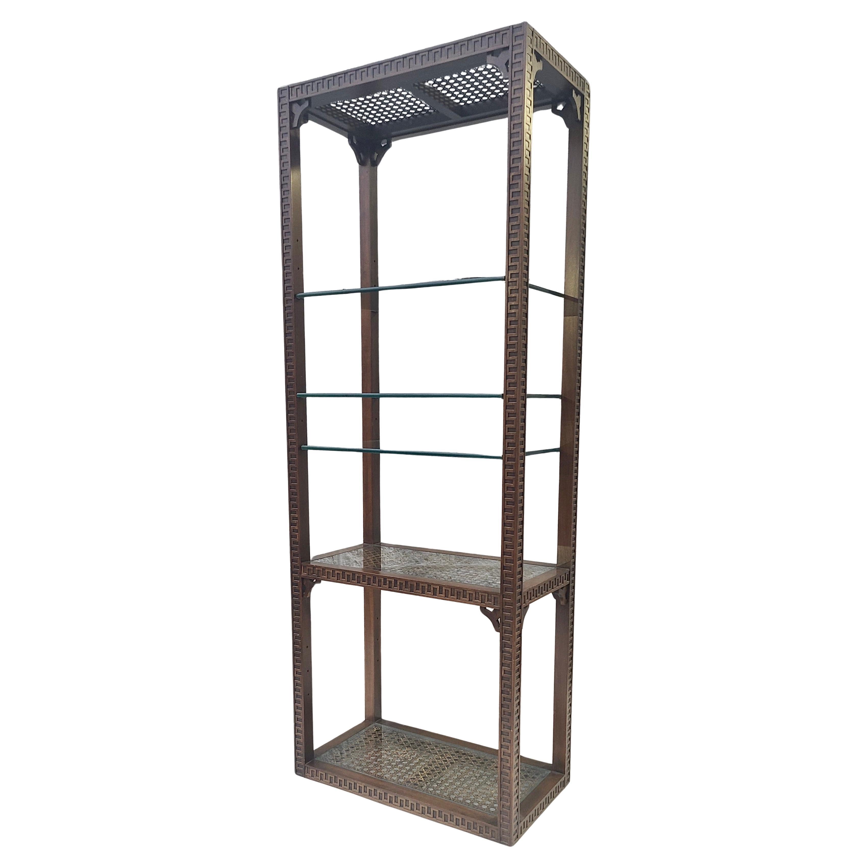 Late 20th Century Neoclassical Etagere Greek Key Pattern Walnut and Cane For Sale