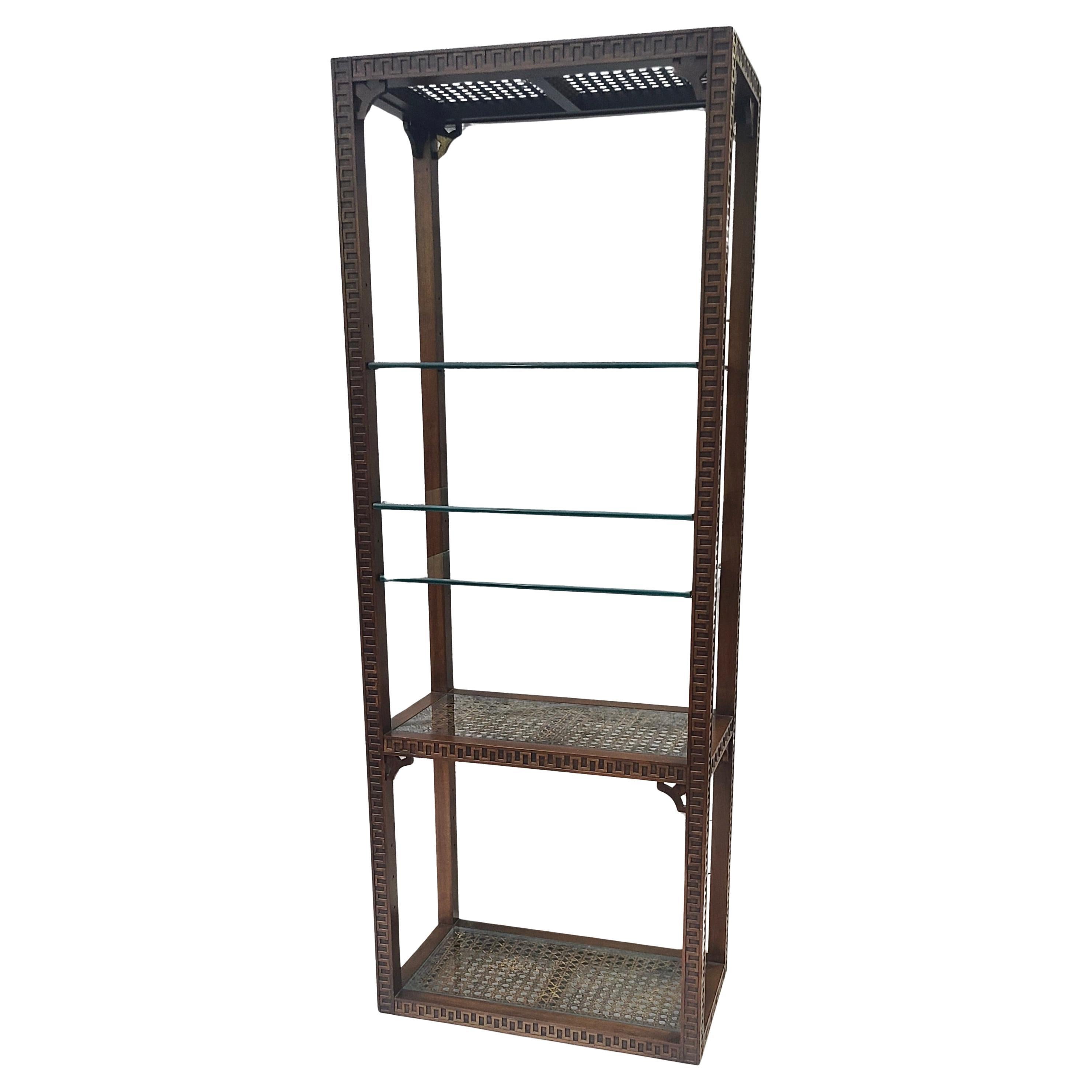 Neoclassical Etagere Greek Key Pattern Walnut and Cane For Sale 1