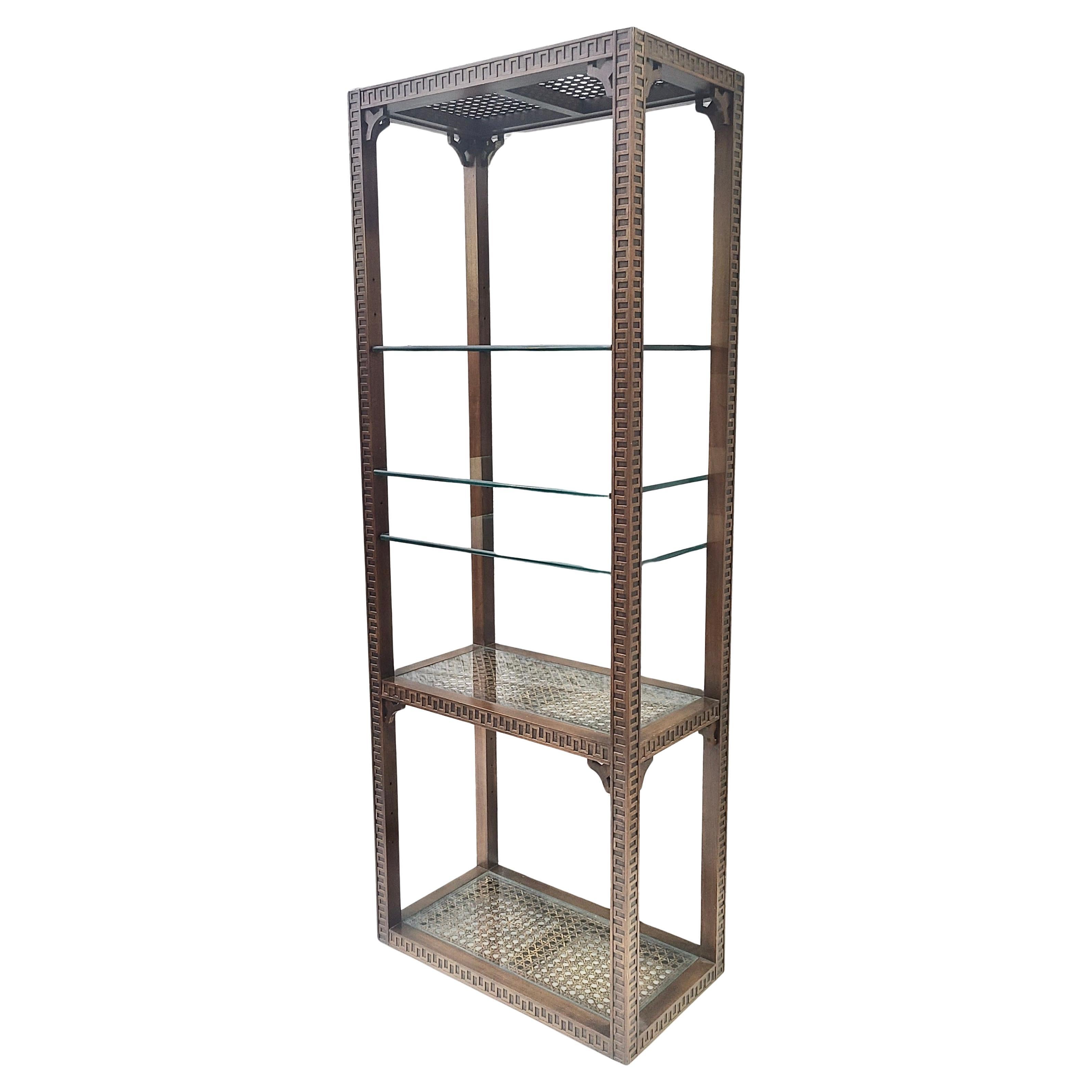 Neoclassical Etagere Greek Key Pattern Walnut and Cane For Sale 2