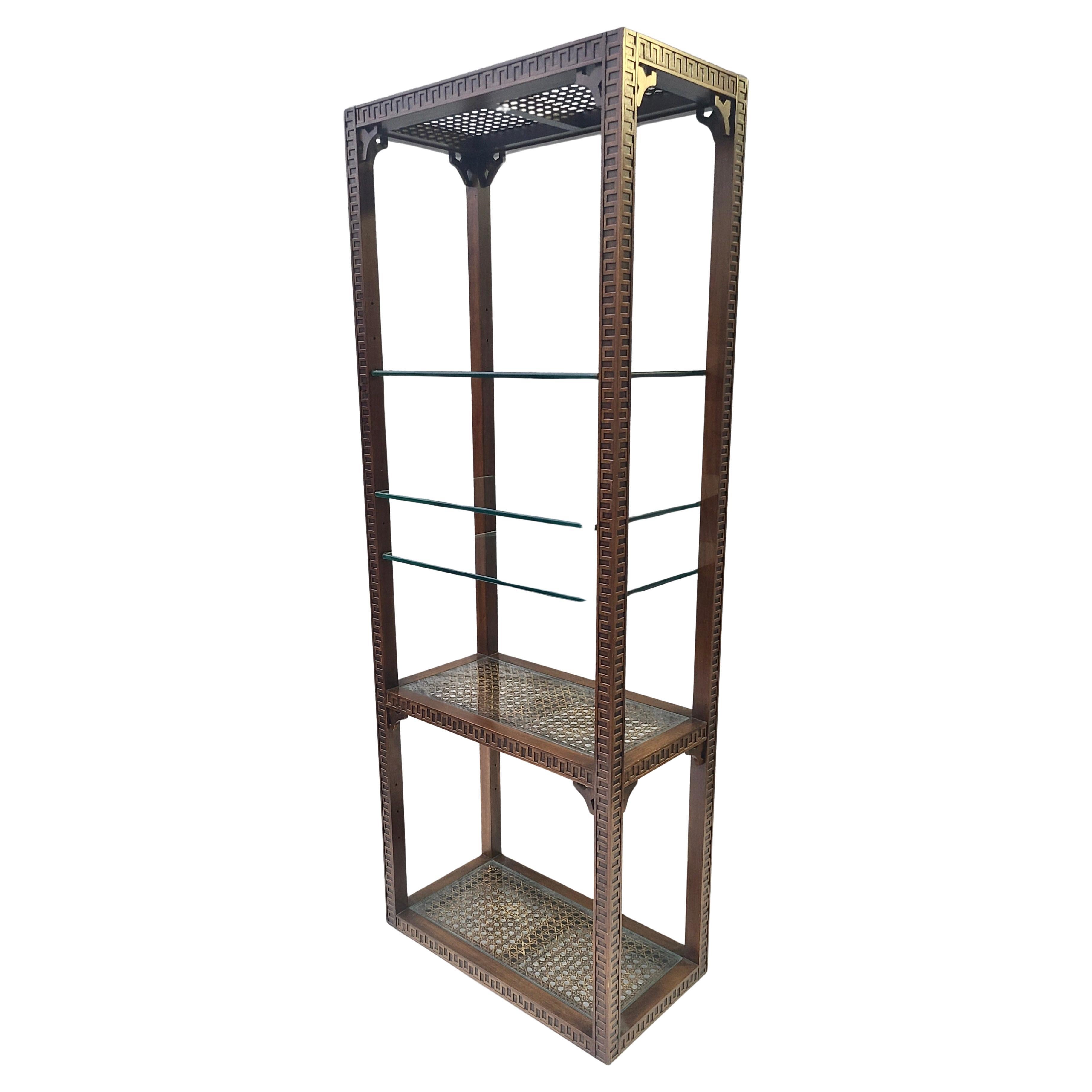 Neoclassical Etagere Greek Key Pattern Walnut and Cane For Sale 3