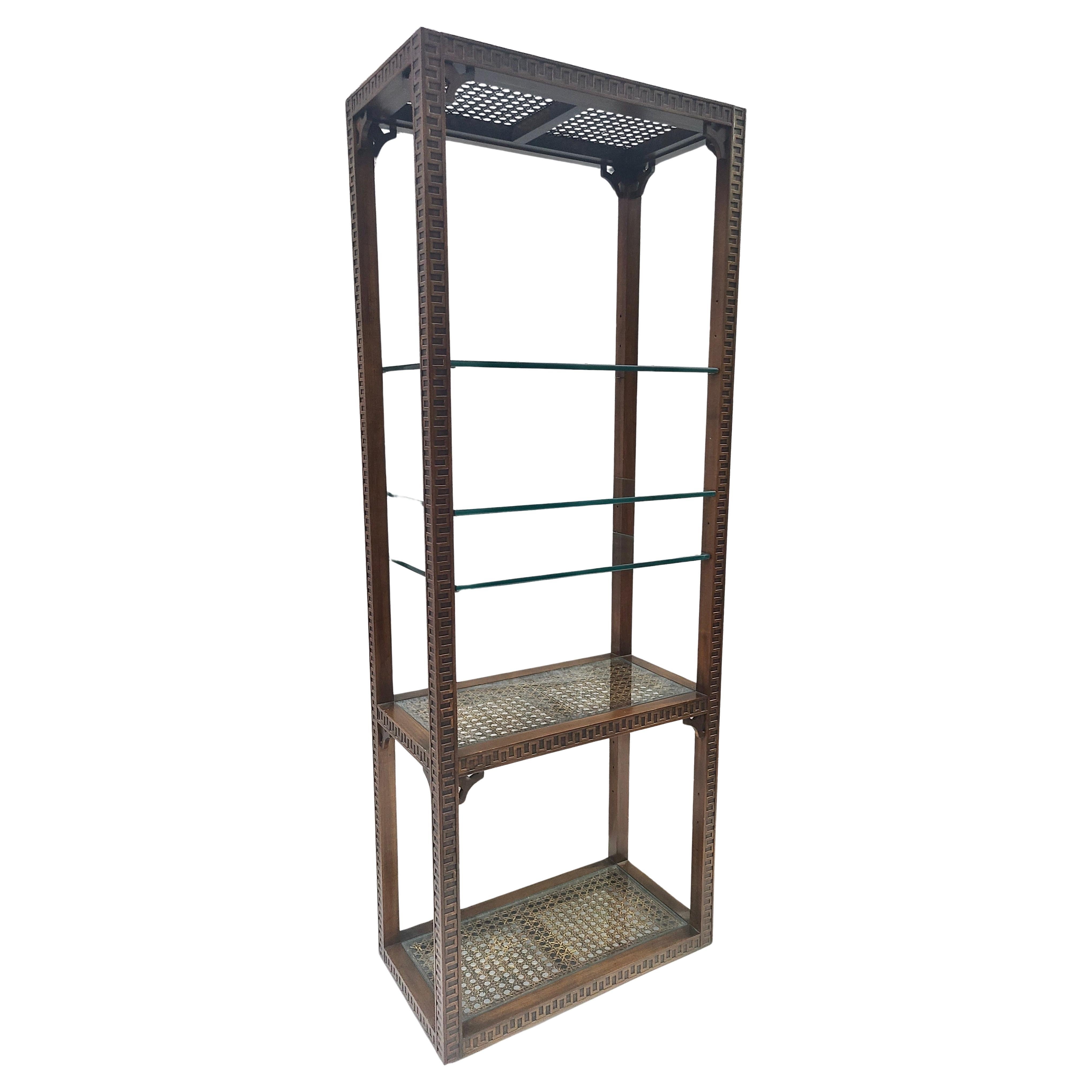 Neoclassical Etagere Greek Key Pattern Walnut and Cane For Sale 4