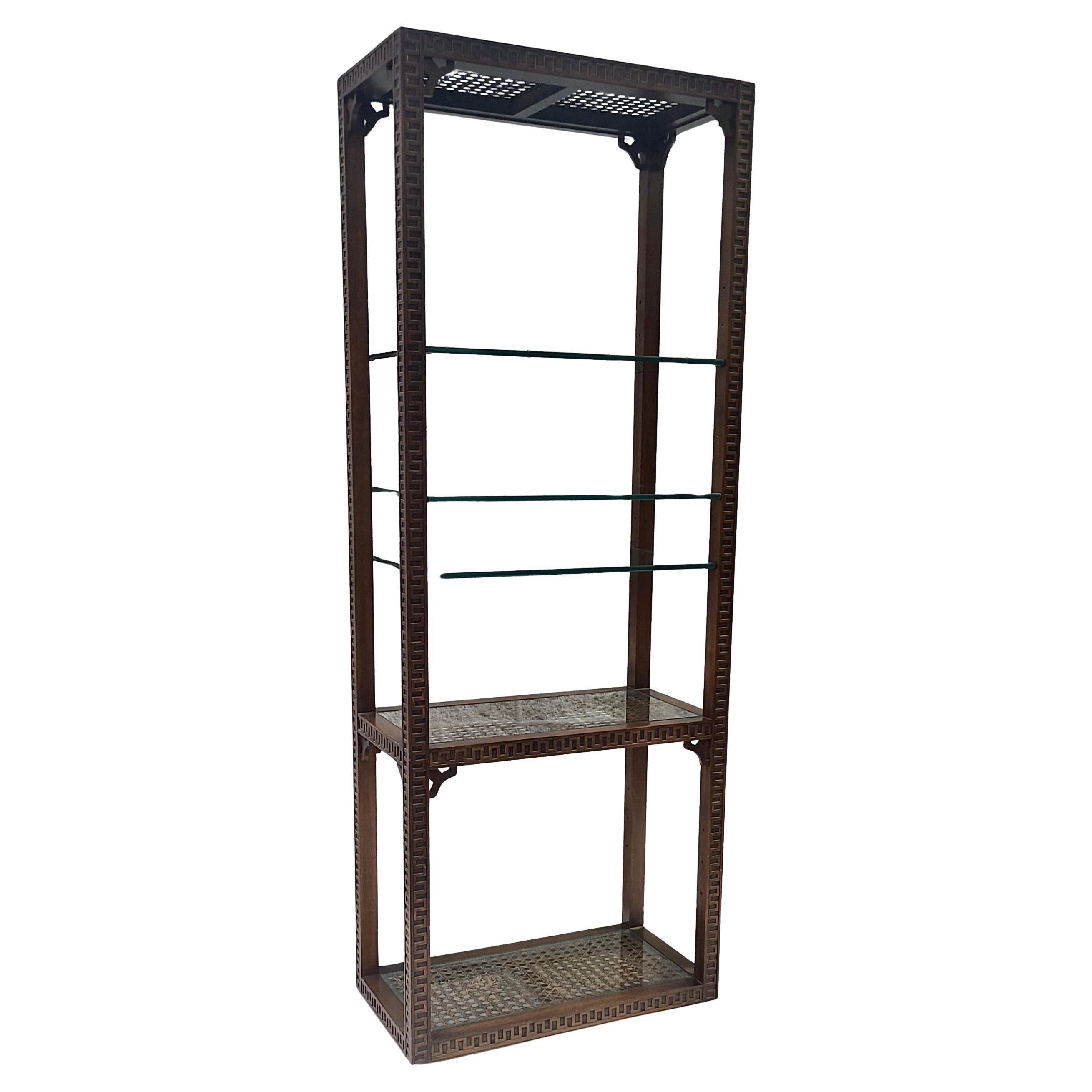 Neoclassical Etagere Greek Key Pattern Walnut and Cane For Sale