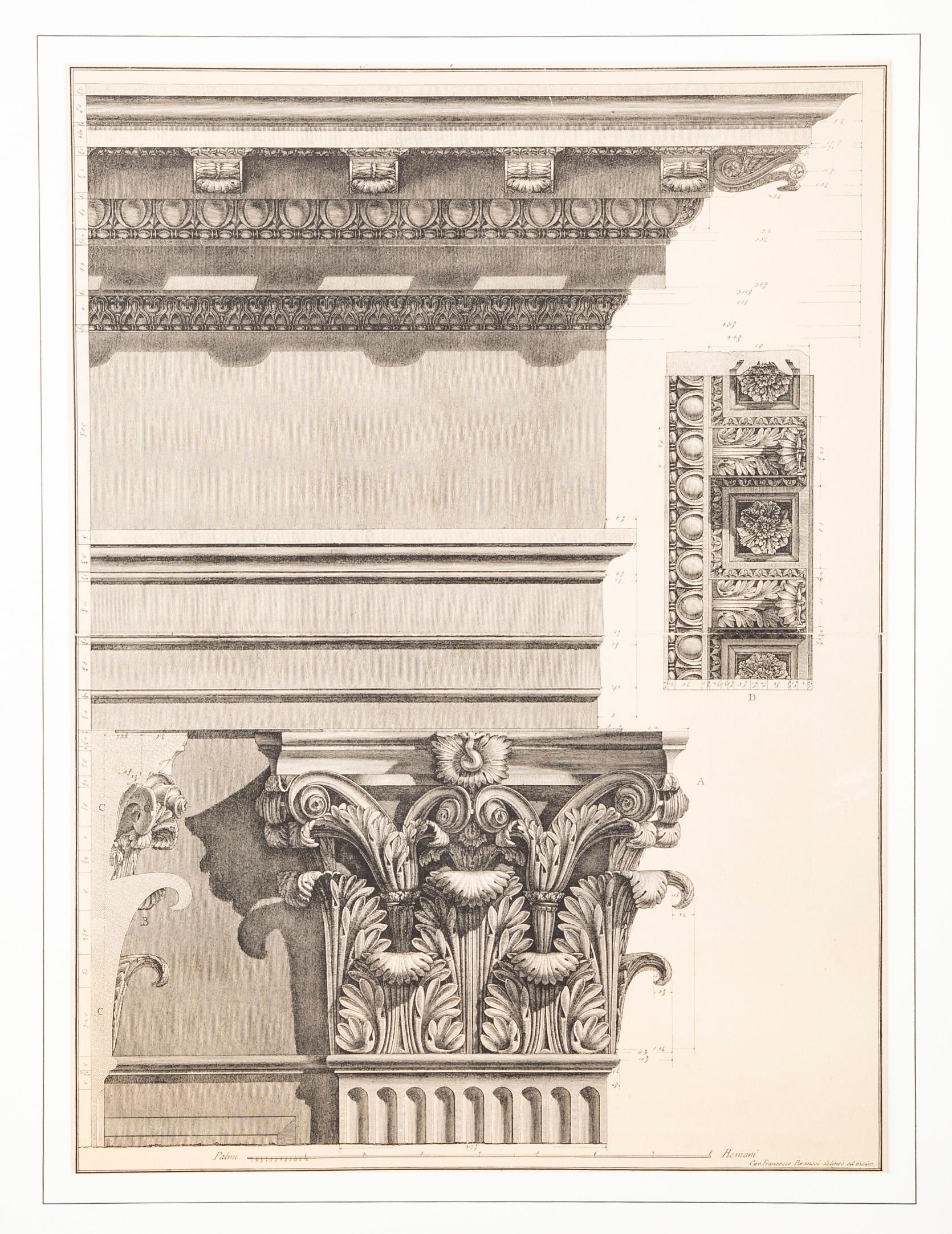 Neoklassizistische Radierung eines architektonischen Gesimses und eines korithianischen Kapitells von Francesco Piranesi (Italiener, 1758 - 1810).  Architektonische Radierung auf Papier. Signiert in der Platte unten rechts. In sehr gutem Zustand.