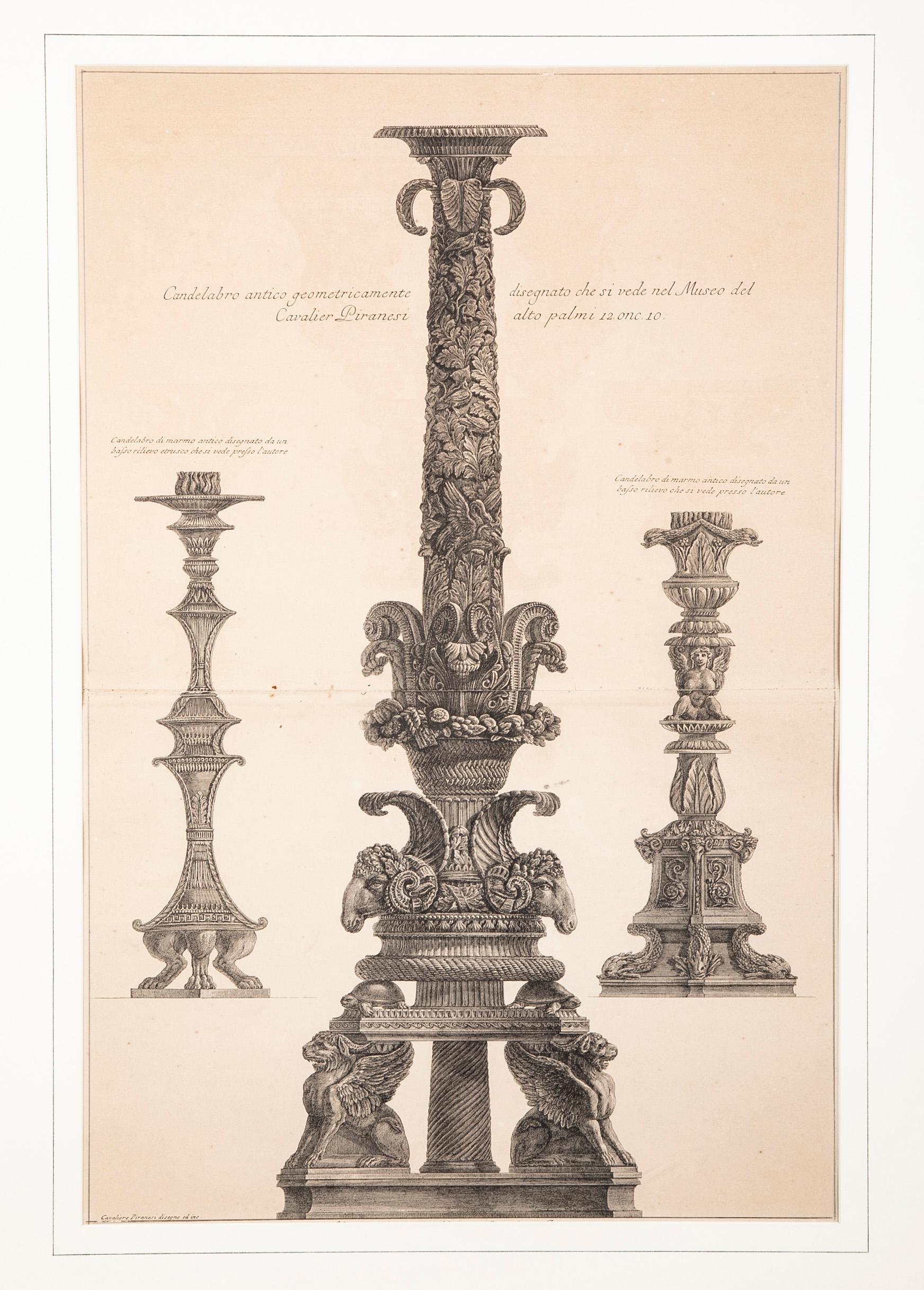 Acquaforte neoclassica di tre antichi candelabri romani di Giovanni Battista Piranesi (1720-1778) pubblicata originariamente nel 1778 come Vasi, candelabri, cippi, sarcofagi, tripodi, lucerne ed ornamenti antichi. 
Da un'edizione pubblicata dopo la