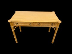 Neoclassical Faux Bamboo Desk, Honey Finish, Brass Handles, 1950s