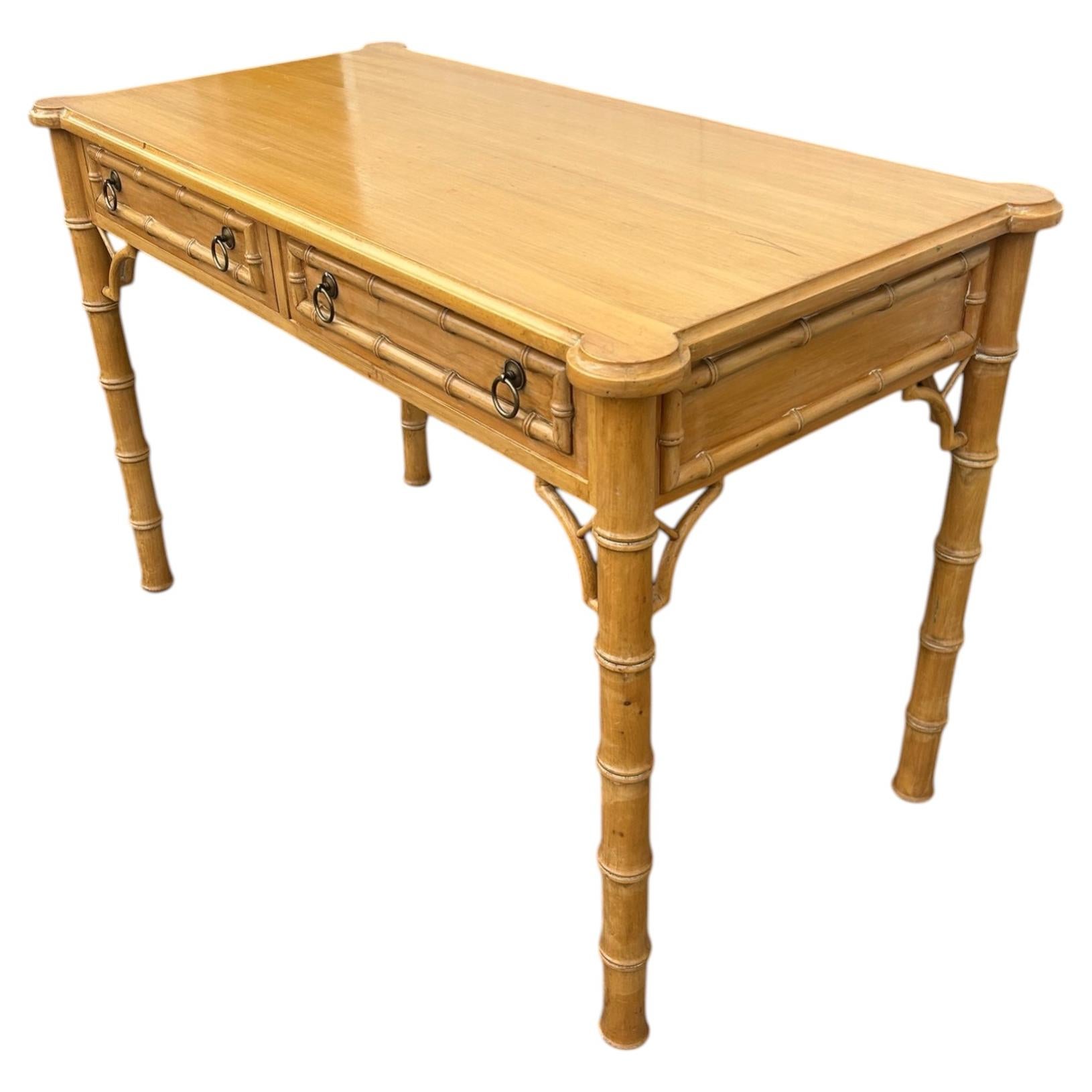 Neoclassical Faux Bamboo Desk, Honey Finish, Brass Handles, 1950s