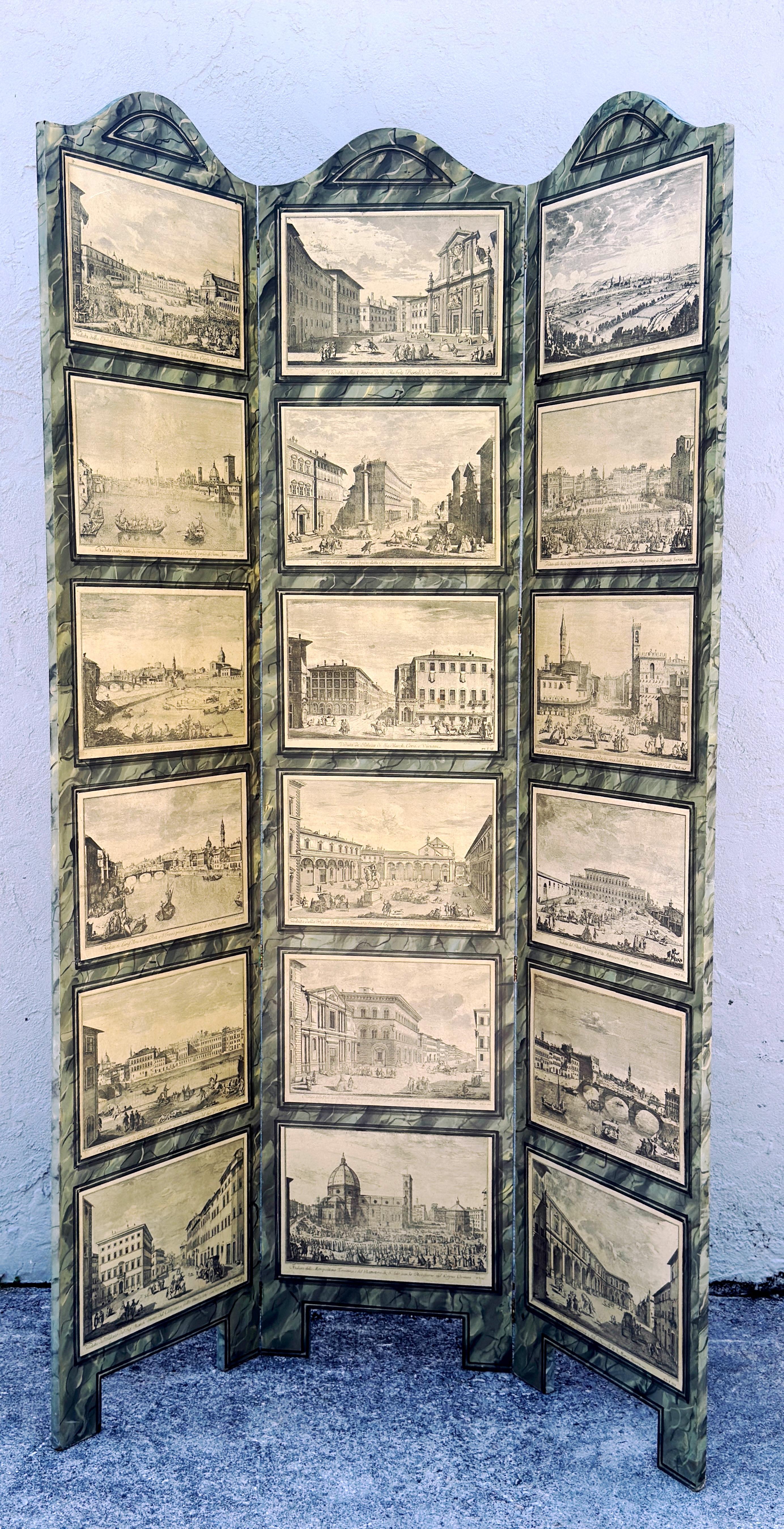 Paravento neoclassico a 3 pannelli in finto marmo, 18 vedute topografiche dell'Italia in vendita 5