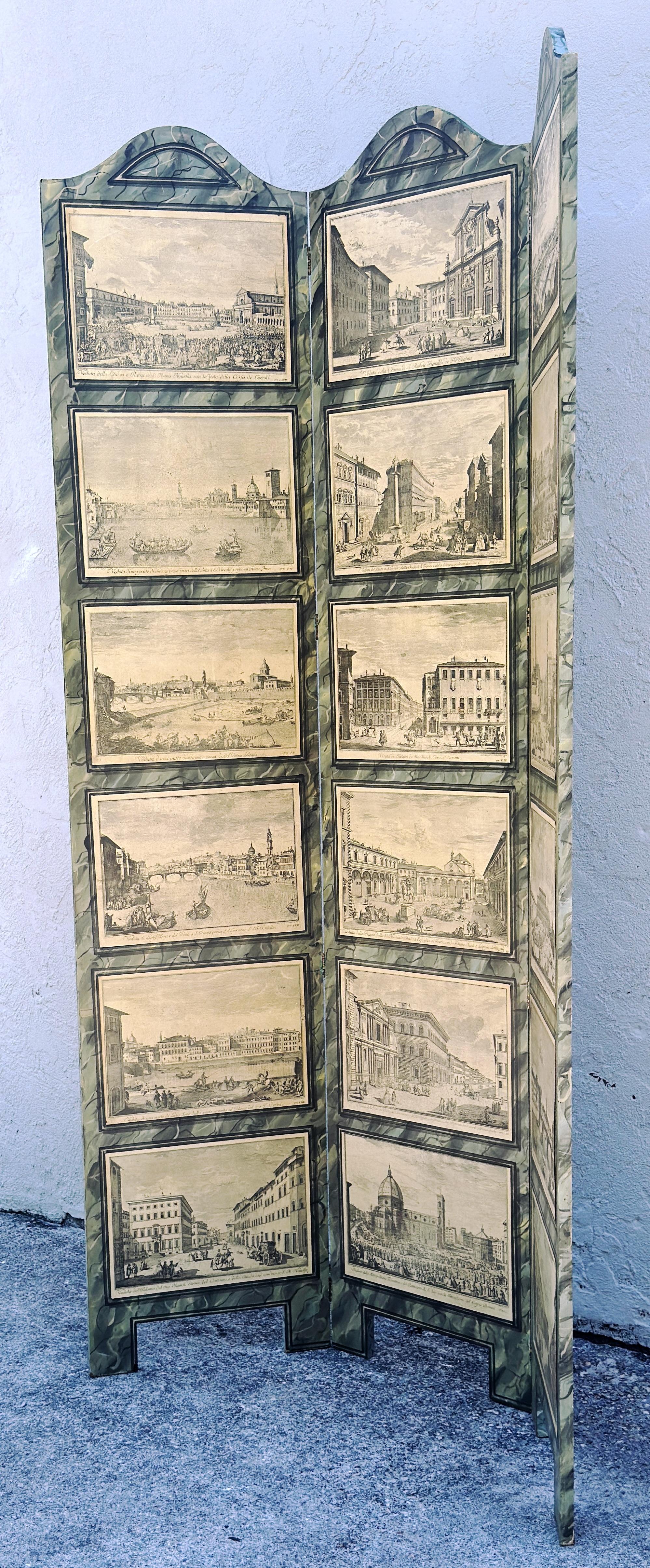 Paravento neoclassico a 3 pannelli in finto marmo, 18 vedute topografiche dell'Italia in vendita 6