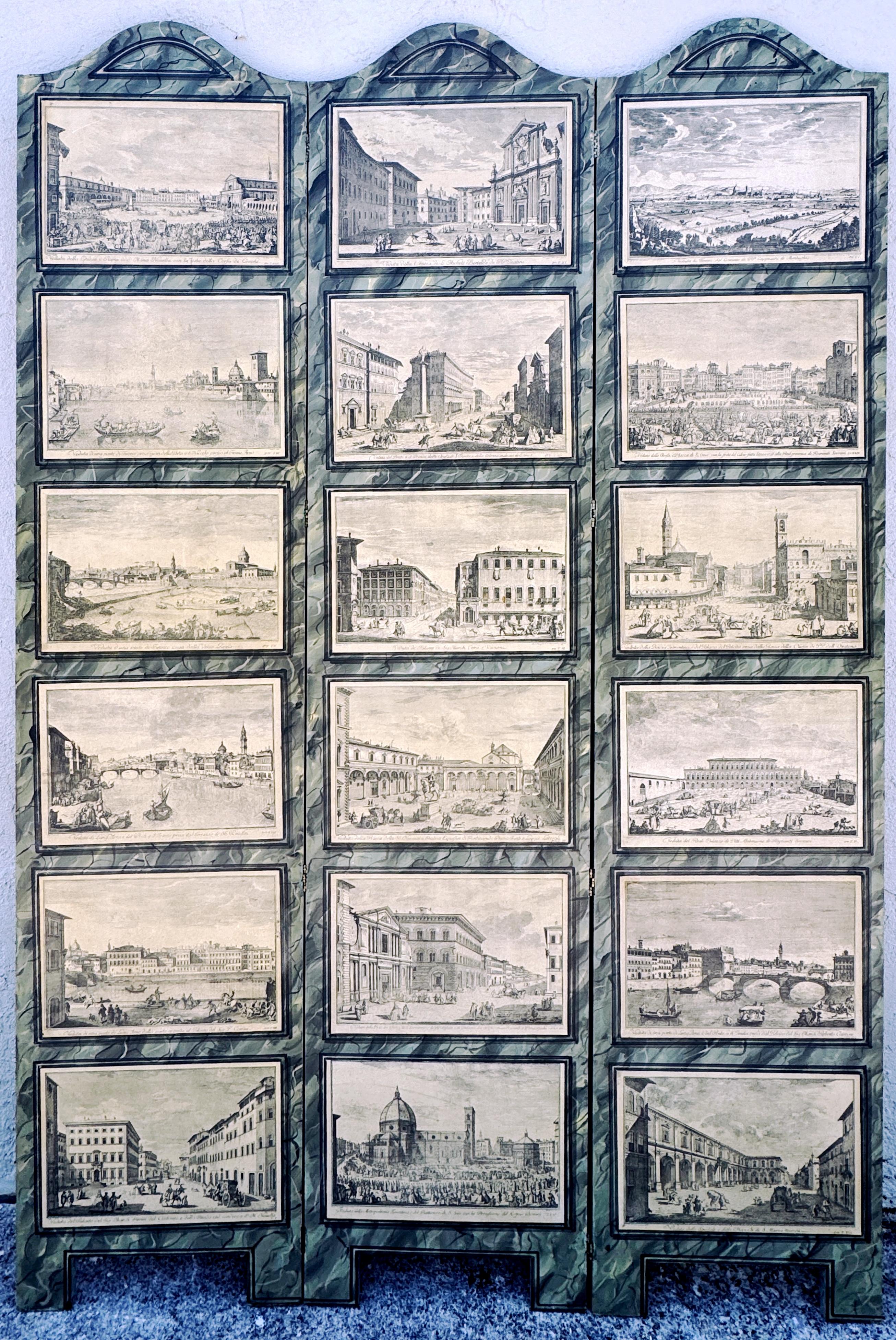  Paravento neoclassico Vedute in finto marmo a 3 pannelli, 18 vedute topografiche dell'Italia, scala monumentale, di Maitland Smith

Un sorprendente e monumentale paravento a tre pannelli di Maitland Smith, con vedute italiane applicate nella