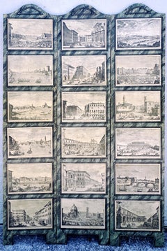 Neoclassical Faux Marble 3-Panel Screen, 18 Topographical Views of Italy